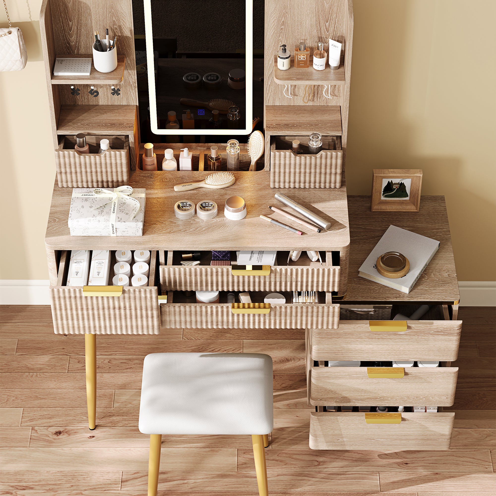 7-Drawer Vanity Desk with LED Mirror & Carved Details, Fluted Makeup Table with Metal Legs and PU Stool, Carved Dressing Table with Jewelry Storage for Bedroom - Grand Goldman Shop