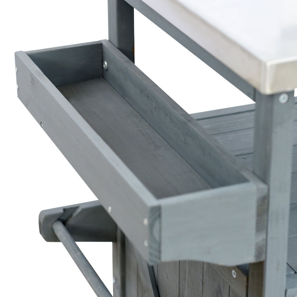 K&K Outdoor Kitchen Island, Rolling Bar Cart & Storage Cabinet, Farmhouse Solid Wood Outdoor Grill Table with Stainless Steel Top, Spice Rack , Towel Rack for Kitchen & BBQ , Grey Blue - Grand Goldman Shop