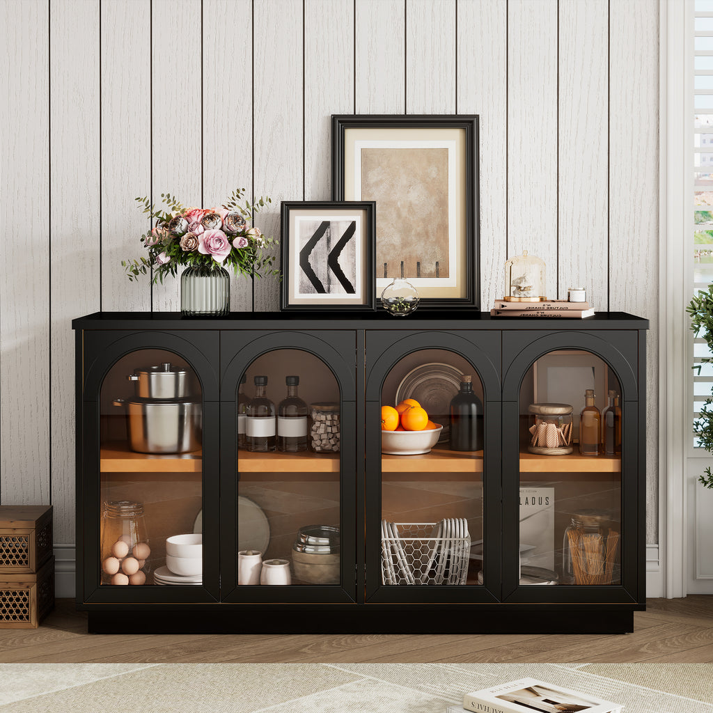 TREXM 4-Door Large Storage Buffet Cabinet with Glass Doors, Arched Cabinet with Adjustable Shelves for Kitchen, Dining Room and Living Room (Black) - Grand Goldman Shop