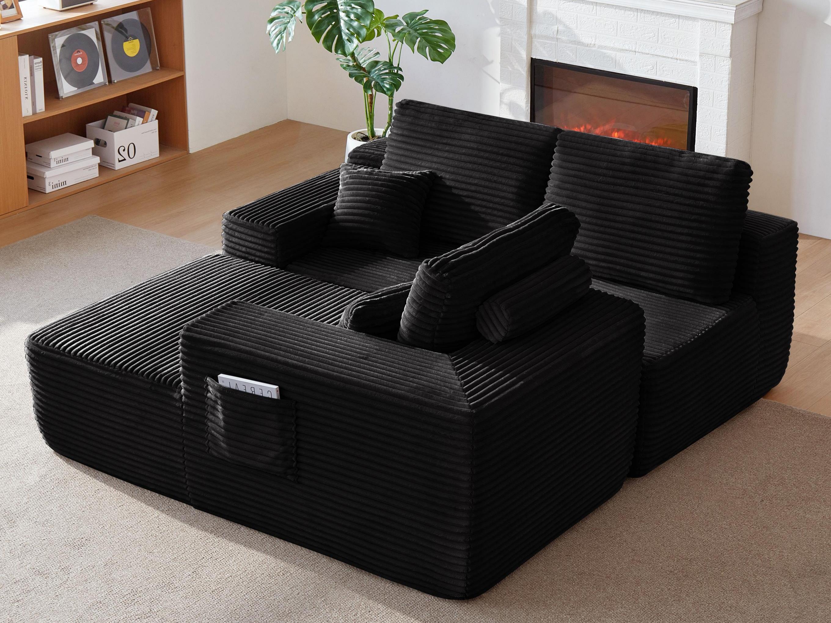 104' Cloud Sectional Sofa with L-Shape Chaise and Side Pockets , Modern Modular Design, Deep Seating, Upholstered Couch for Living Room/Bedroom, No Assembly Required (Plush Fabric), Black,Right - Grand Goldman Shop