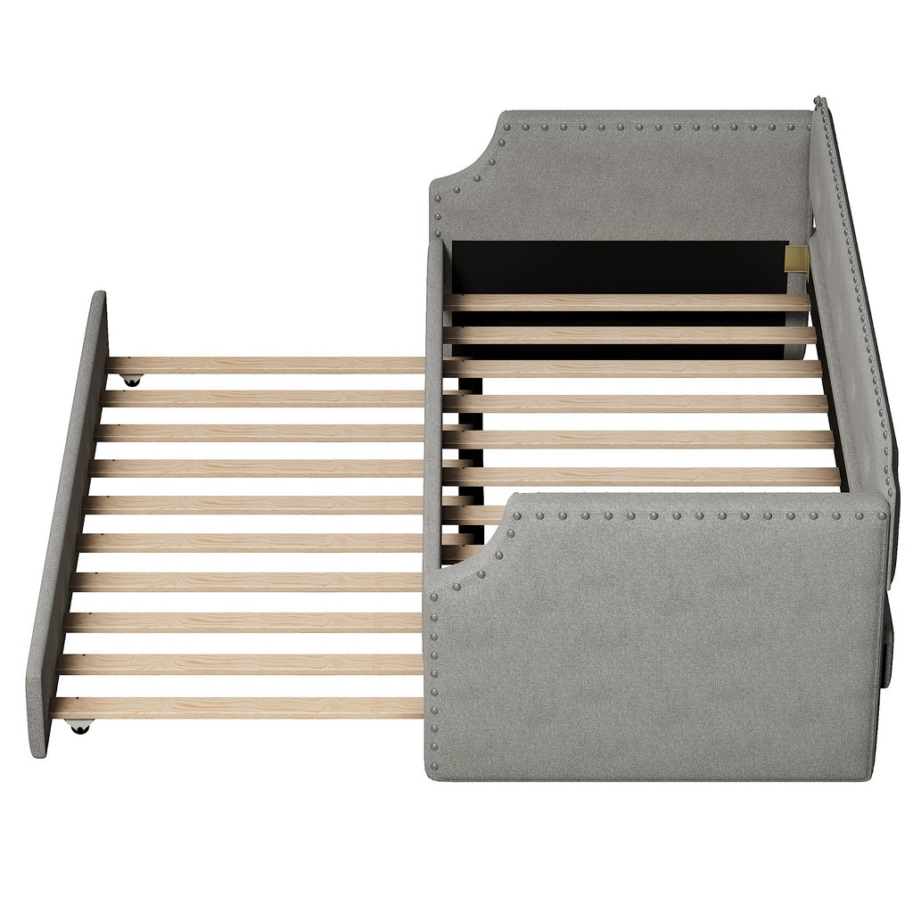 Gray Upholstered Daybed with Trundle, Twin, Wood Slat Support, Linen Fabric Frame Sofa Bed - Grand Goldman Shop
