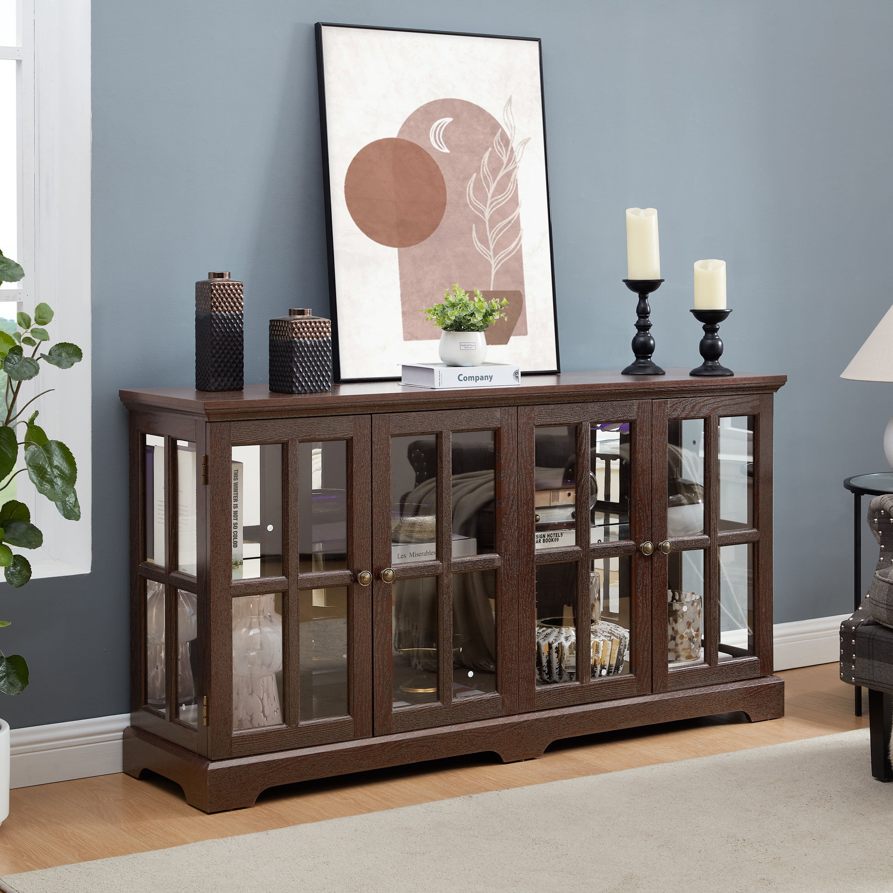 LED Curio Display Cabinet Antique Display Cabinet with Glass Doors Adjustable Shelves for Collectibles Four Door Design Vintage Showcase for Home or Office Antique Display Case CHERRY - Grand Goldman Shop