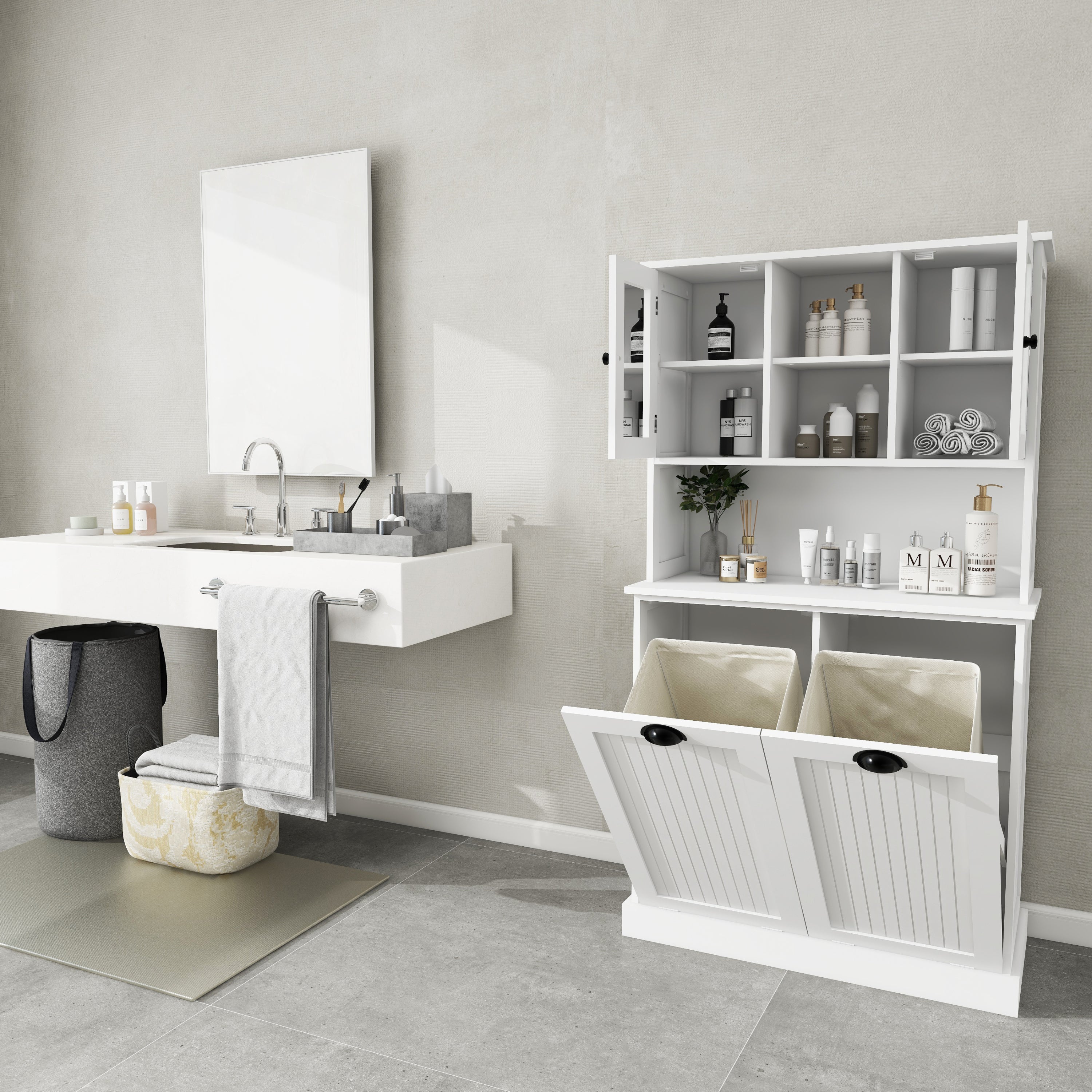 Two-Compartment Tilt-Out Dirty Laundry Basket Tall Bathroom Cabinet with 2 Adjustable Shelves-White - Grand Goldman Shop