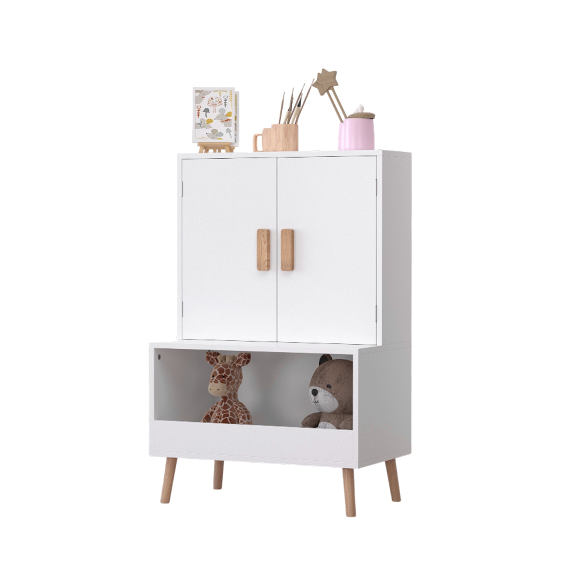 Kids Toy Storage Cabinet with Doors and Open Shelf, White Modern Wooden Organizer with Natural Wood Legs, Toddler Bookshelf f