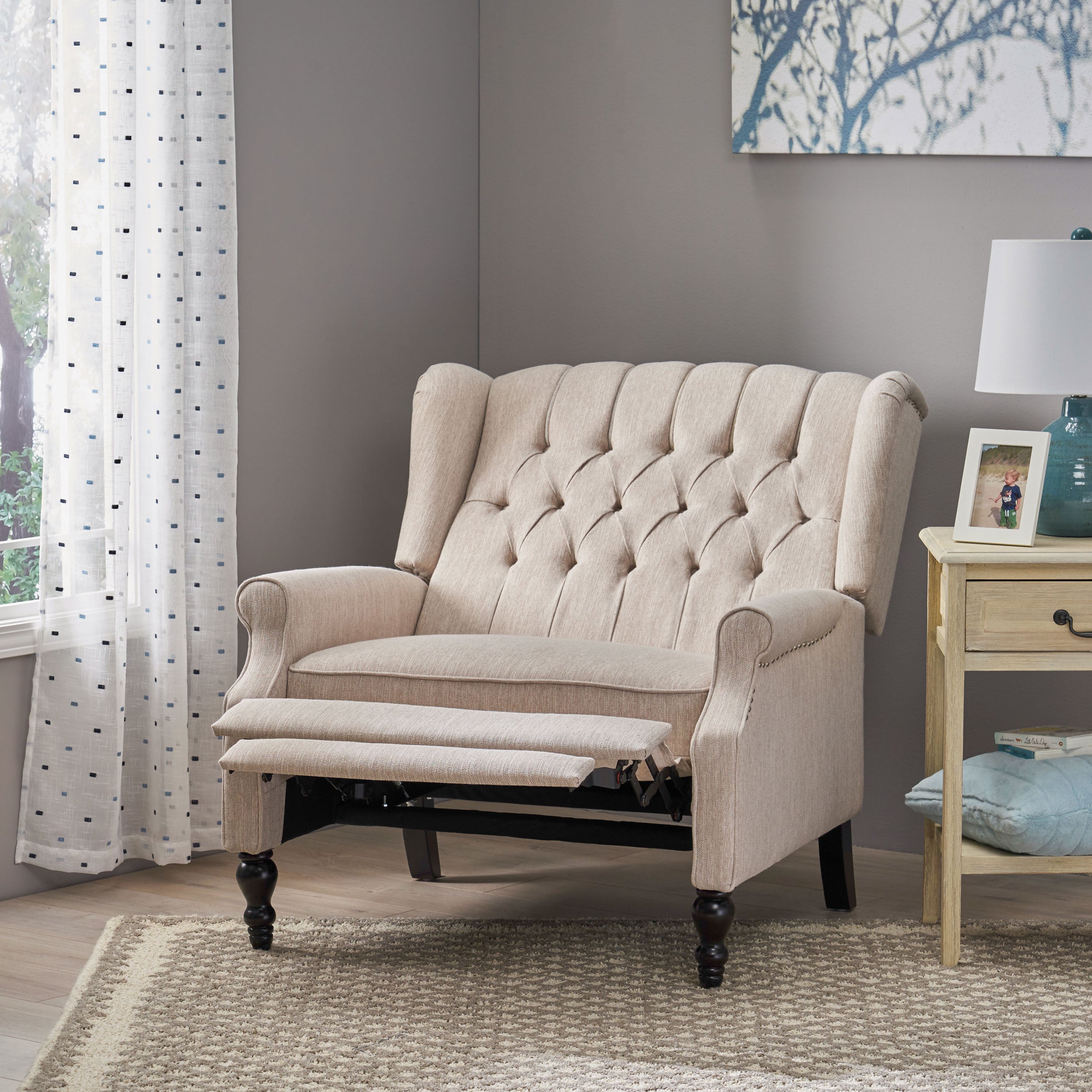 Push Back Recliner Chair Fabric Lounge Armchair Pushback Recliner with Rivet Decoration Wingback Single Sofa Chair with Padded Seat for Living Room, Bedroom 33.25D x 37.75W x 42.5H in - Grand Goldman Shop