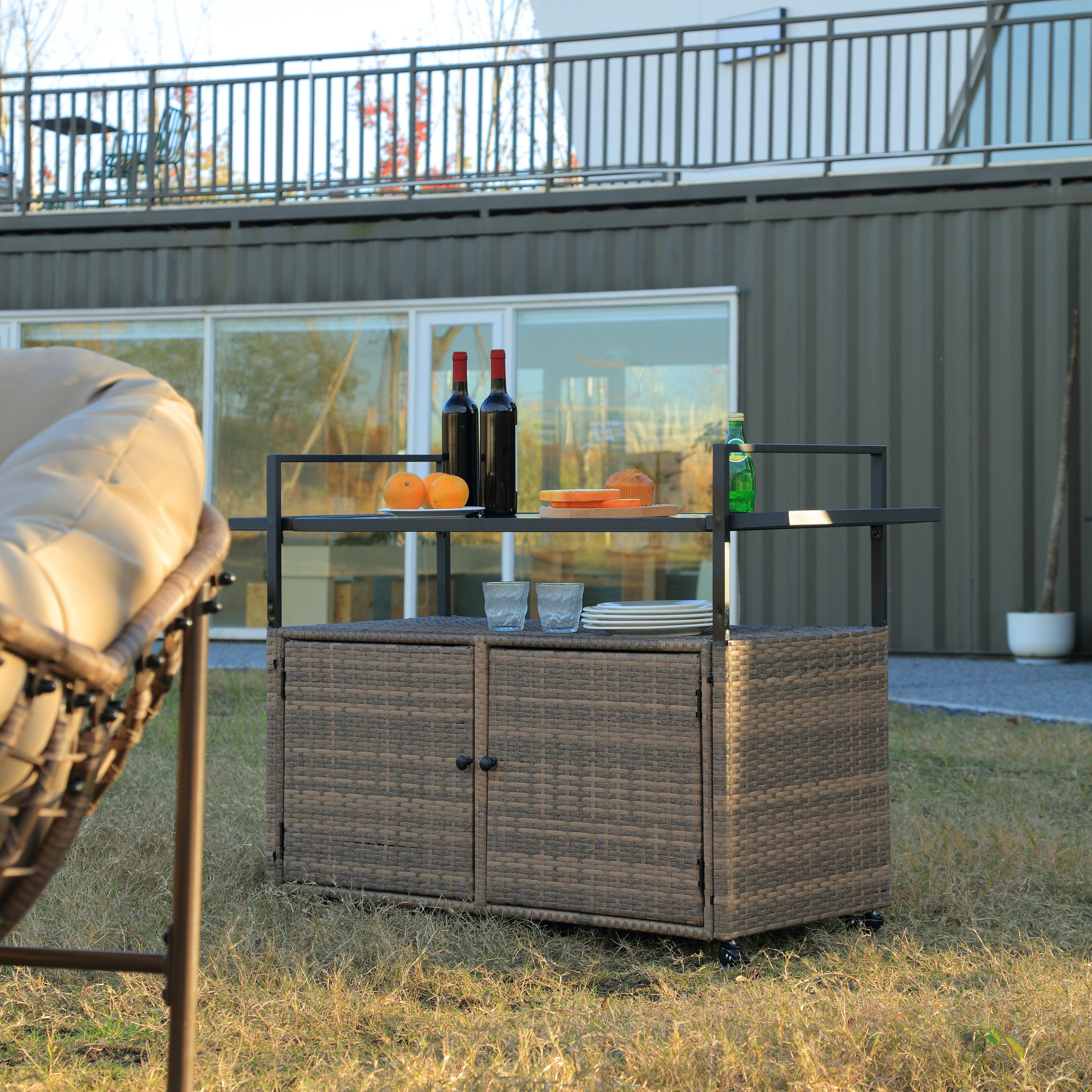 Outdoor Wicker Bar Cart, Patio Wine Serving Cart w/Wheels , Rolling Rattan Beverage Bar Counter Table w/Glass Top for Porch Backyard Garden Poolside Party, Light brown - Grand Goldman Shop