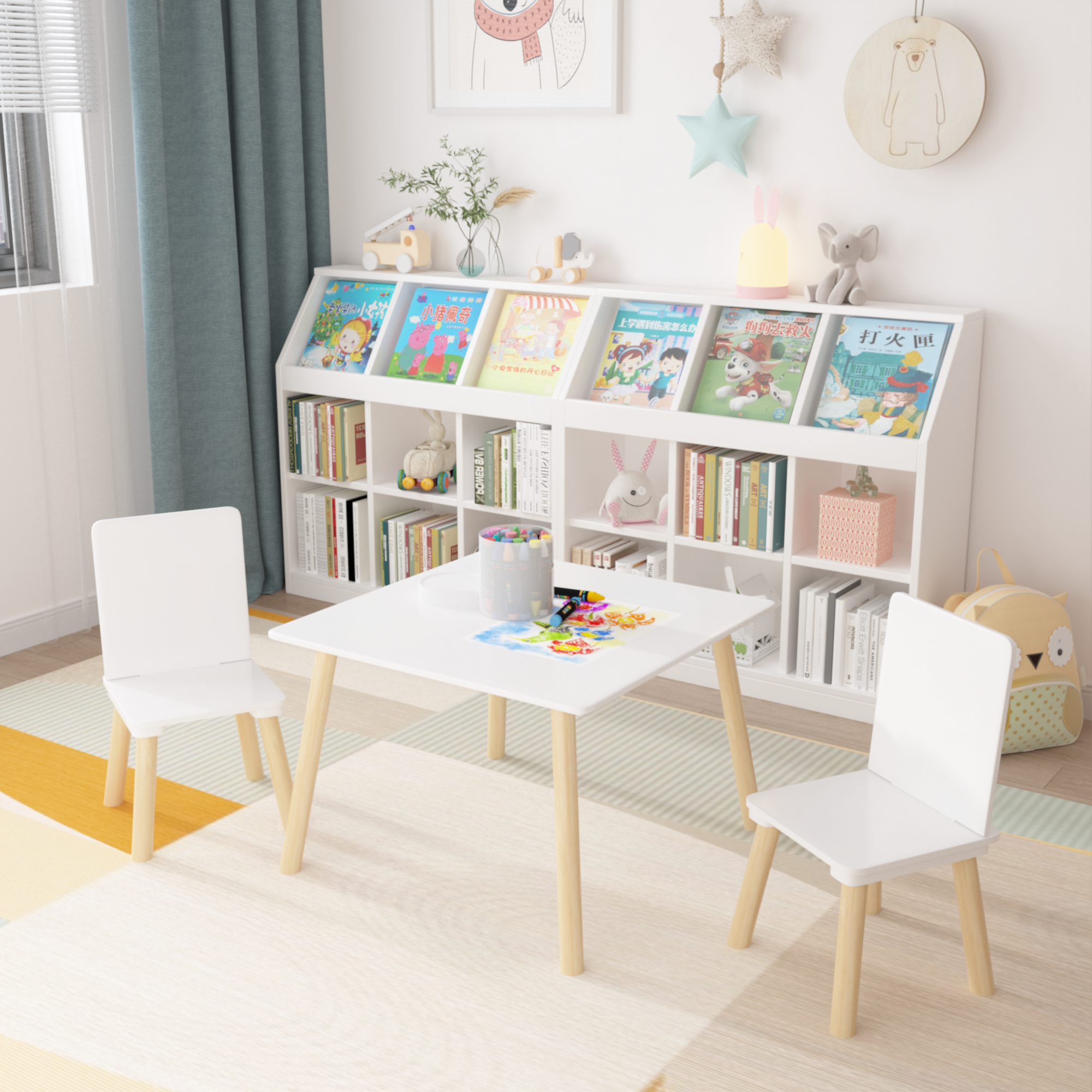 White Wooden Kids Table and 2 Chairs Set, 3-Piece Toddler Activity Play Table with Solid Wood & MDF Construction, Compact Siz