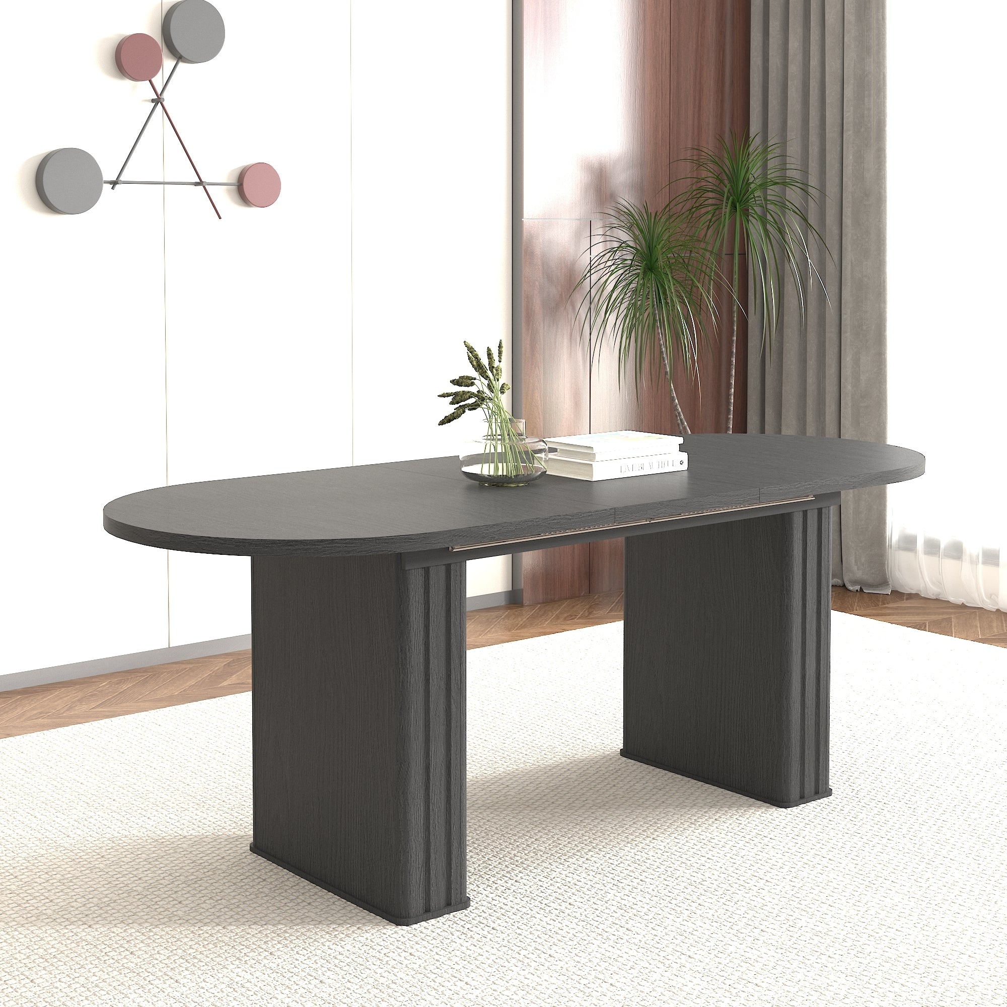 Kitchen extendable dining table for 4-8 people, oval kitchen table with wooden strip base for family living room (black) - Grand Goldman Shop