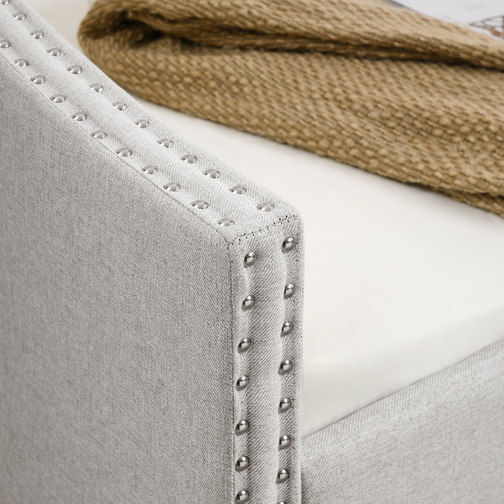 Beige Upholstered Tufted Twin Daybed with Trundle, Copper Nail-Trimmed Waved Arms, Eucalyptus Wood Frame, 80.5'x41'x30.5' - Grand Goldman Shop