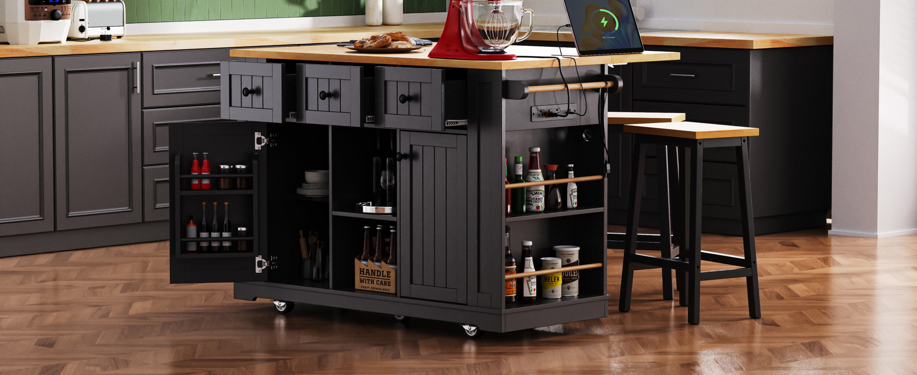 K&K 53inch Large Kitchen Island with 2 Bar Stools, Power Outlet,Door Internal Storage Rack, Kitchen Storage Cart on 5 Wheels with Drop Leaf, 5 Open Side Racks, 3 Drawers,Black (Three Packages) - Grand Goldman Shop