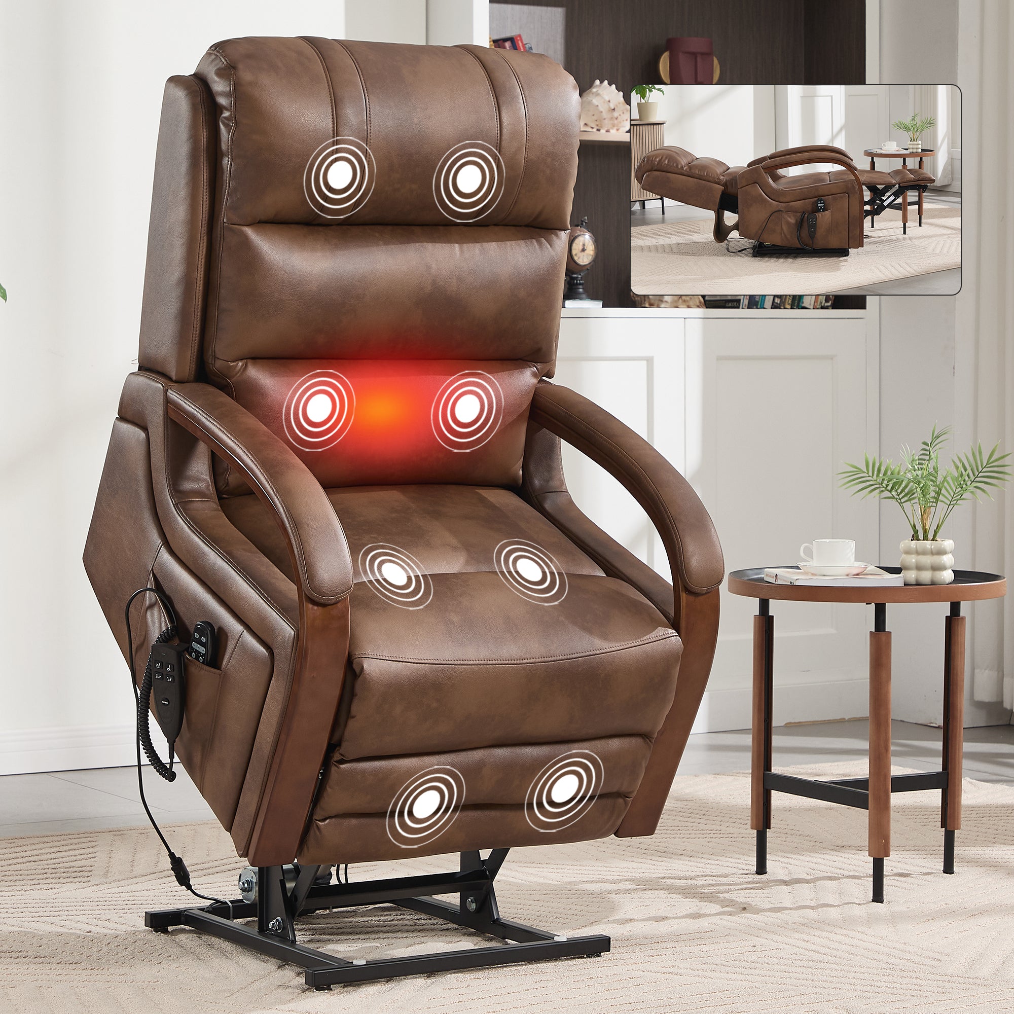 Power Brown Leatheraire Lift Recliner Chair Dual Motor Infinite Position Up to 350 LBS with Solid Wood Armrests, Heat Massage and Heavy Duty Motion Mechanism - Grand Goldman Shop