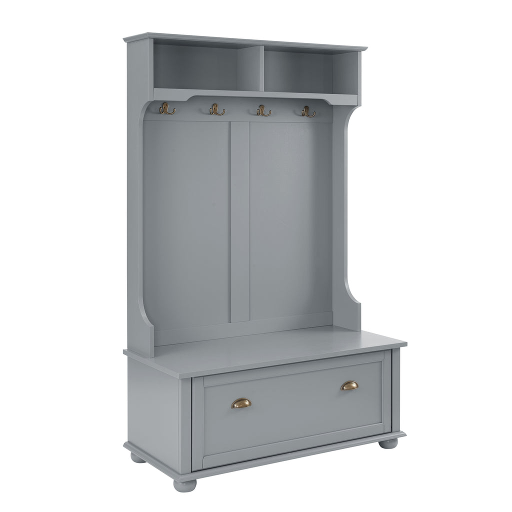 Modern Classic Hall Tree with Shoe Rack Bench and Coat Hooks for Hanging Storage, Entryway Bench with Open Shelves and Shoe Cabinets 40.16'W*18.58'D*64.17'H GRAY - Grand Goldman Shop