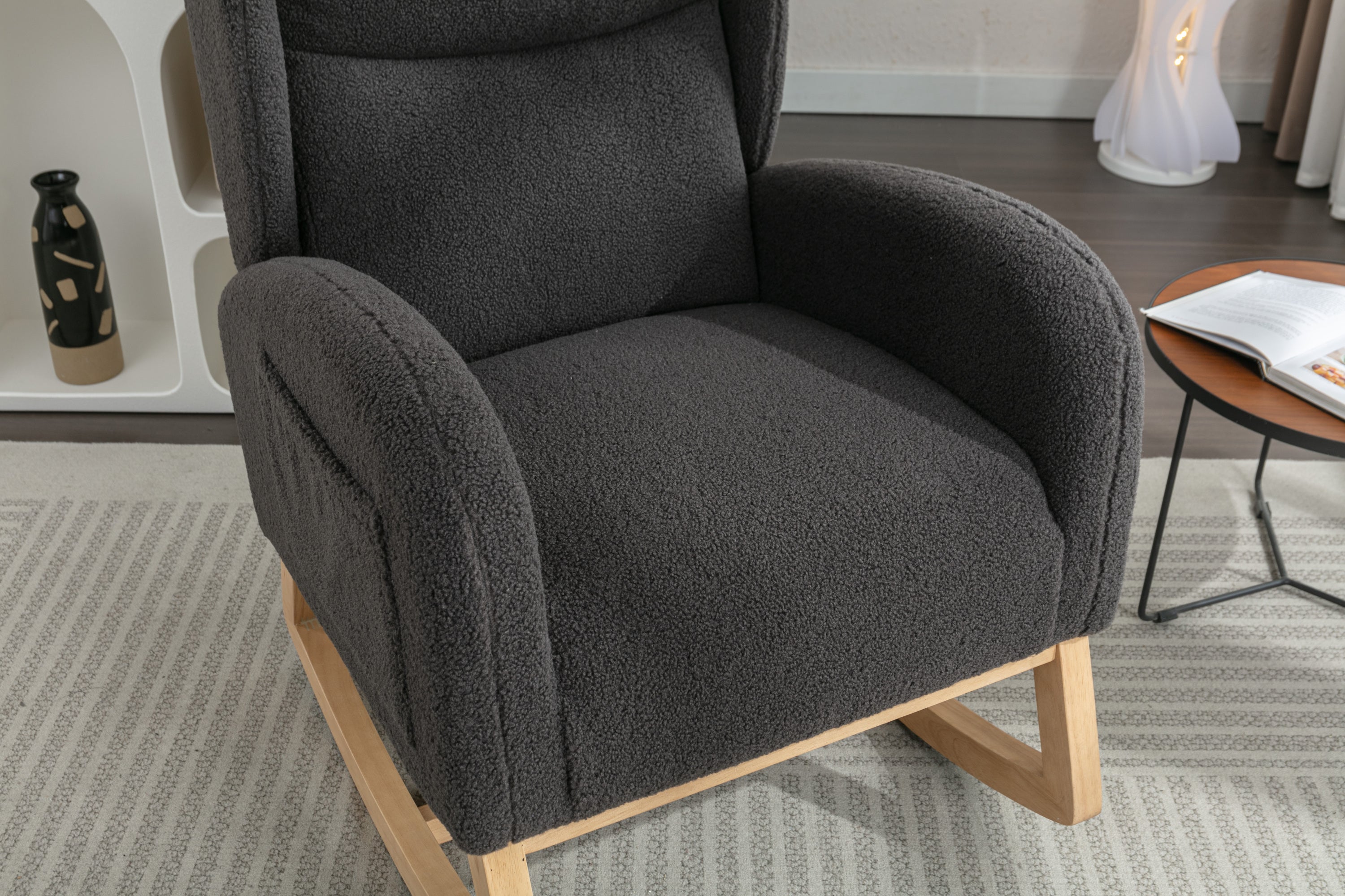 049-Teddy Fabric Rocking Chair With Packet Wood Legs,Dark Gray - Grand Goldman Shop