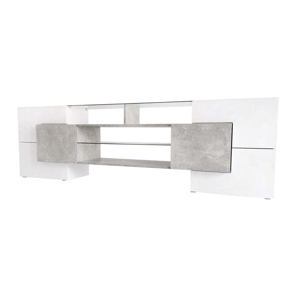 ON-TREND Unique Shape TV Stand with 2 Illuminated Glass Shelves, High Gloss Entertainment Center for TVs Up to 88', Versatile TV Cabinet with LED Color Changing Lights for Living Room, Grey - Grand Goldman Shop