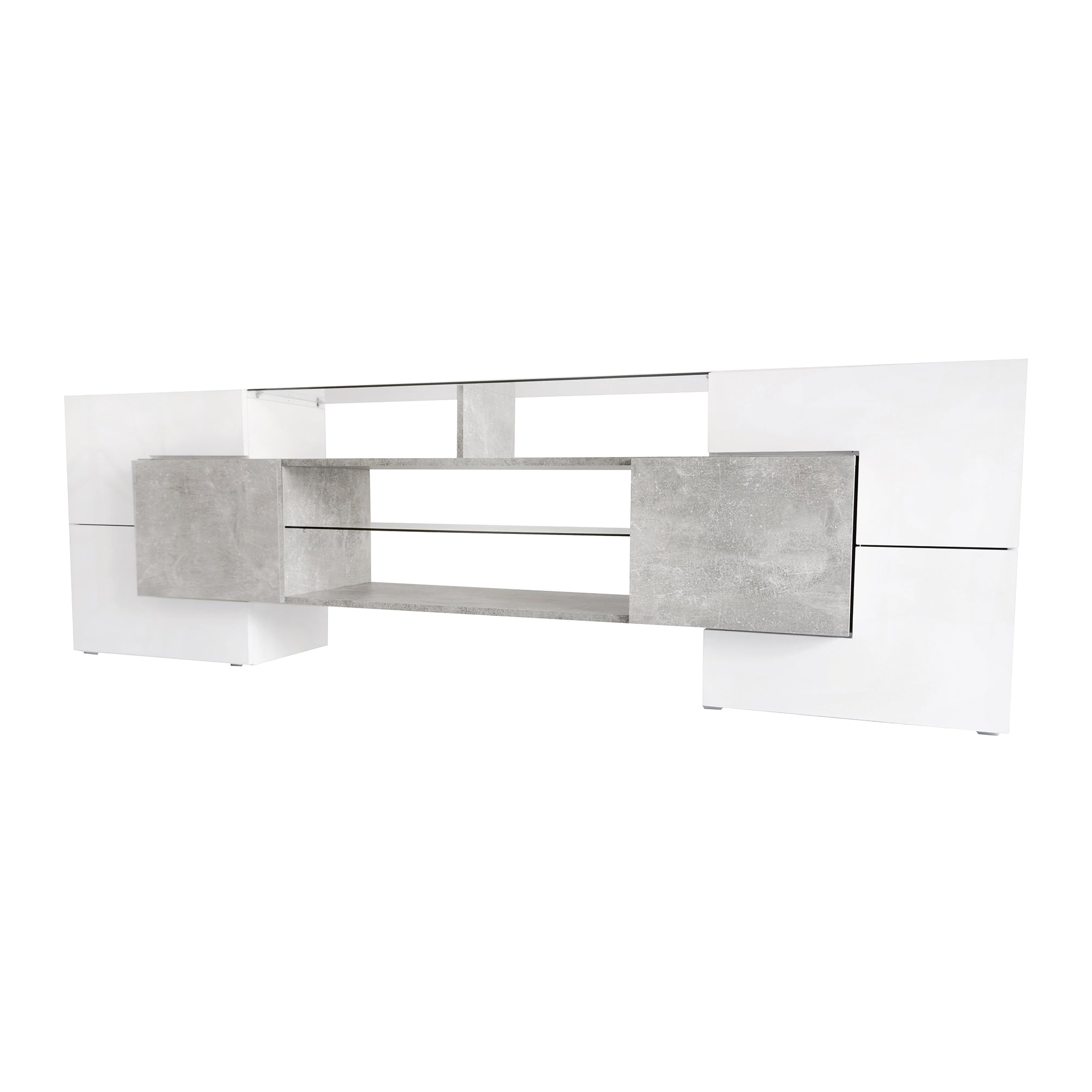 ON-TREND Unique Shape TV Stand with 2 Illuminated Glass Shelves, High Gloss Entertainment Center for TVs Up to 88', Versatile TV Cabinet with LED Color Changing Lights for Living Room, Grey - Grand Goldman Shop