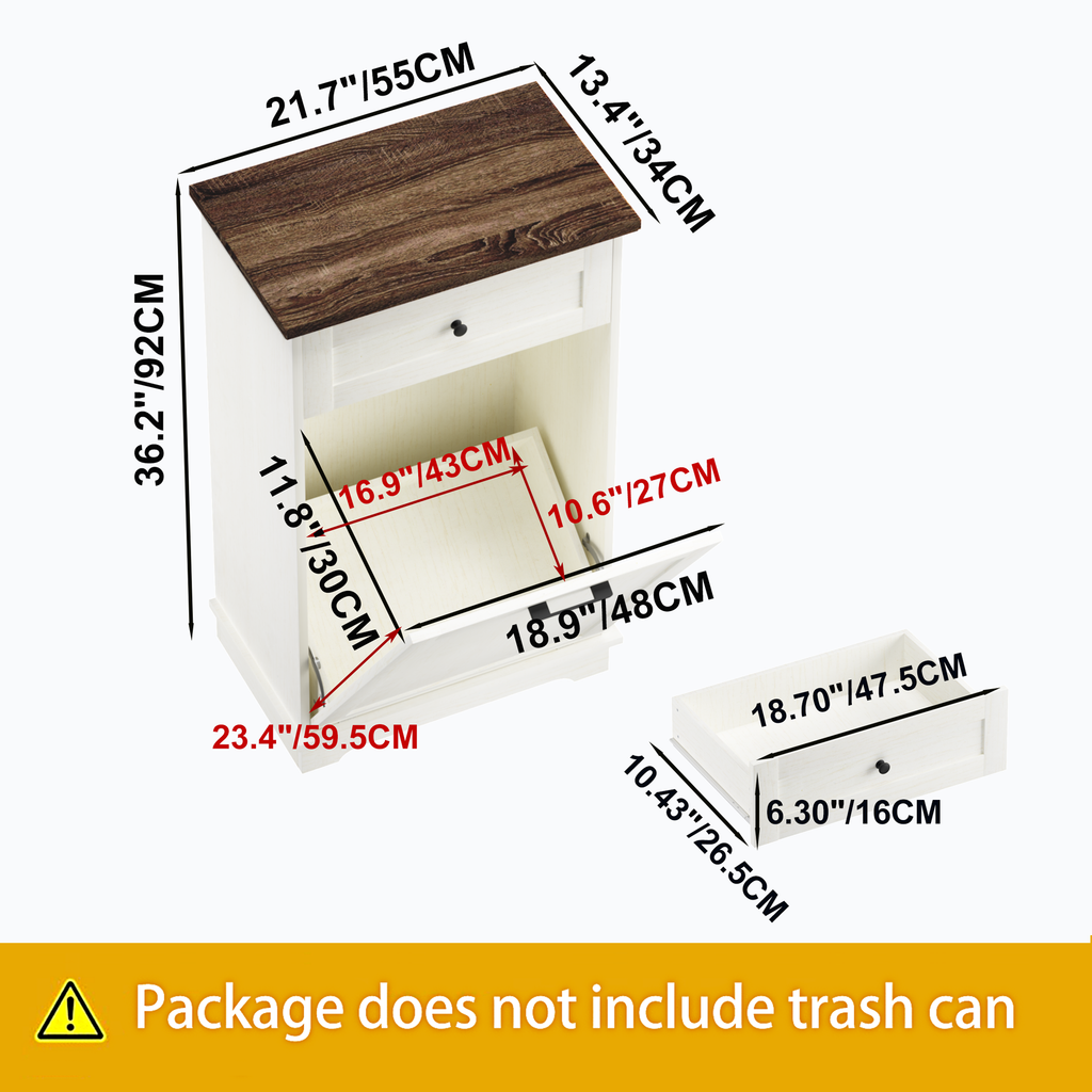 10 Gallon Tilt Out Trash Cabinet Freestanding Trash Bin Cabinet Wood Garbage Recycling Cabinet with Drawer Pet Proof Trash Can Holder for Kitchen Living Room, Antique White (Not include trash can) - Grand Goldman Shop