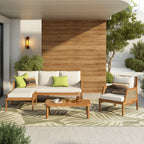 4-teiliges Terrassenmöbel-Set aus Akazienholz, Loungemöbel-Set für den Außenbereich mit Kaffeetisch, 5-Sitzer-Sofa mit tiefen Sitzflächen und weichen Kissen für Garten, Hinterhof, Teakholz & Mischbraun & Creme
