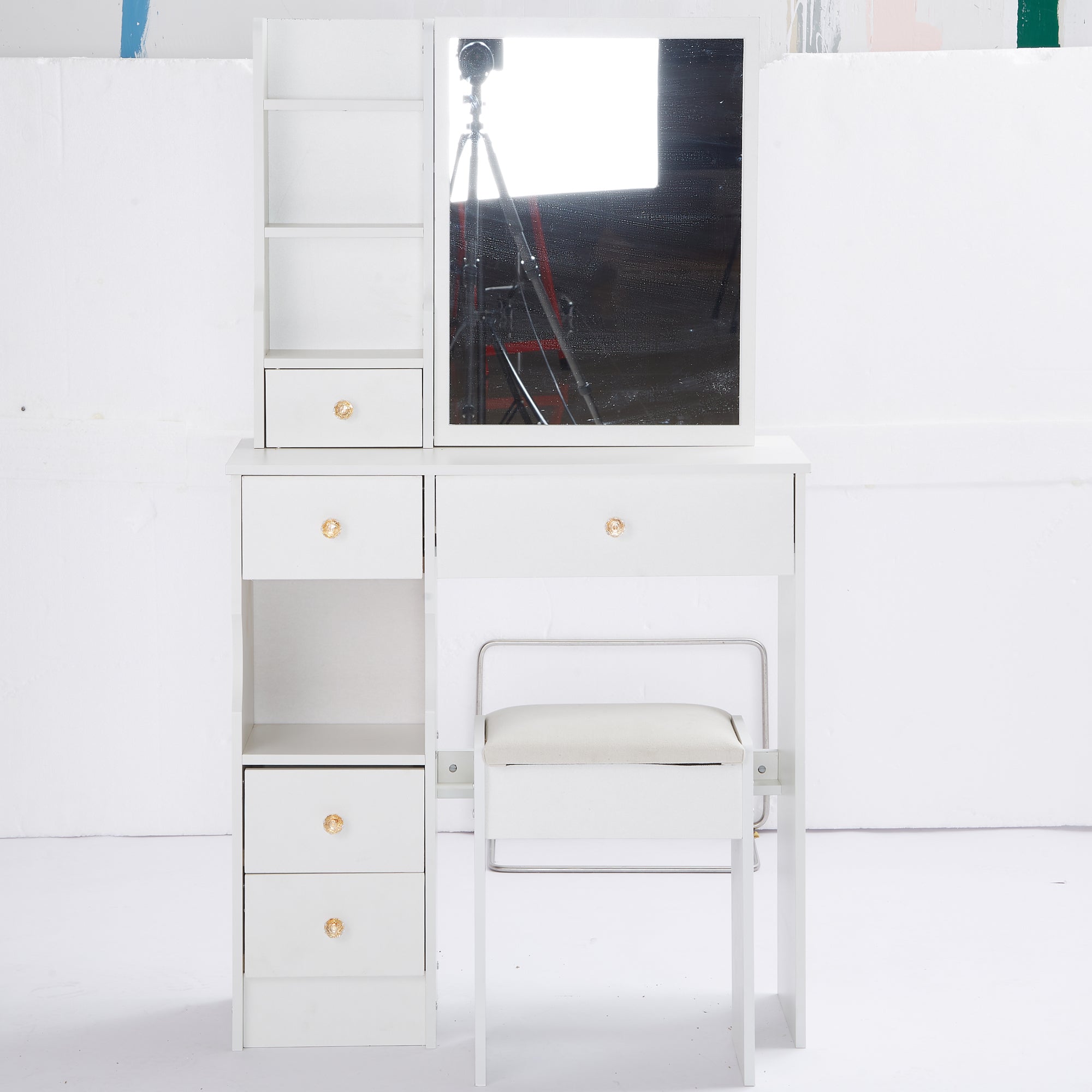 29.2' Small Space Left Drawer Desktop Vanity Table + Cushioned Stool, Extra Large Right sliding mirror, Multi Layer High Capacity Storage, Practical Fashionable Dresser, EPA, GCC, UL Certificate - Grand Goldman Shop