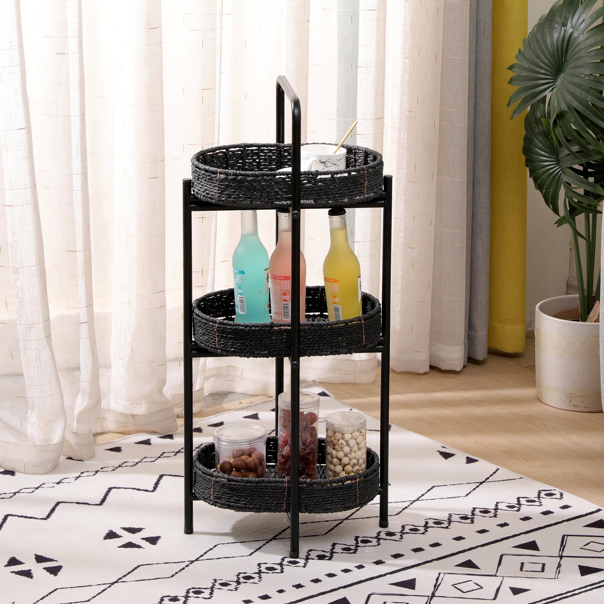 Modern 3-Tier Handwoven Side Table with Oval Organizer in Black Metal and Paper Rope - Grand Goldman Shop