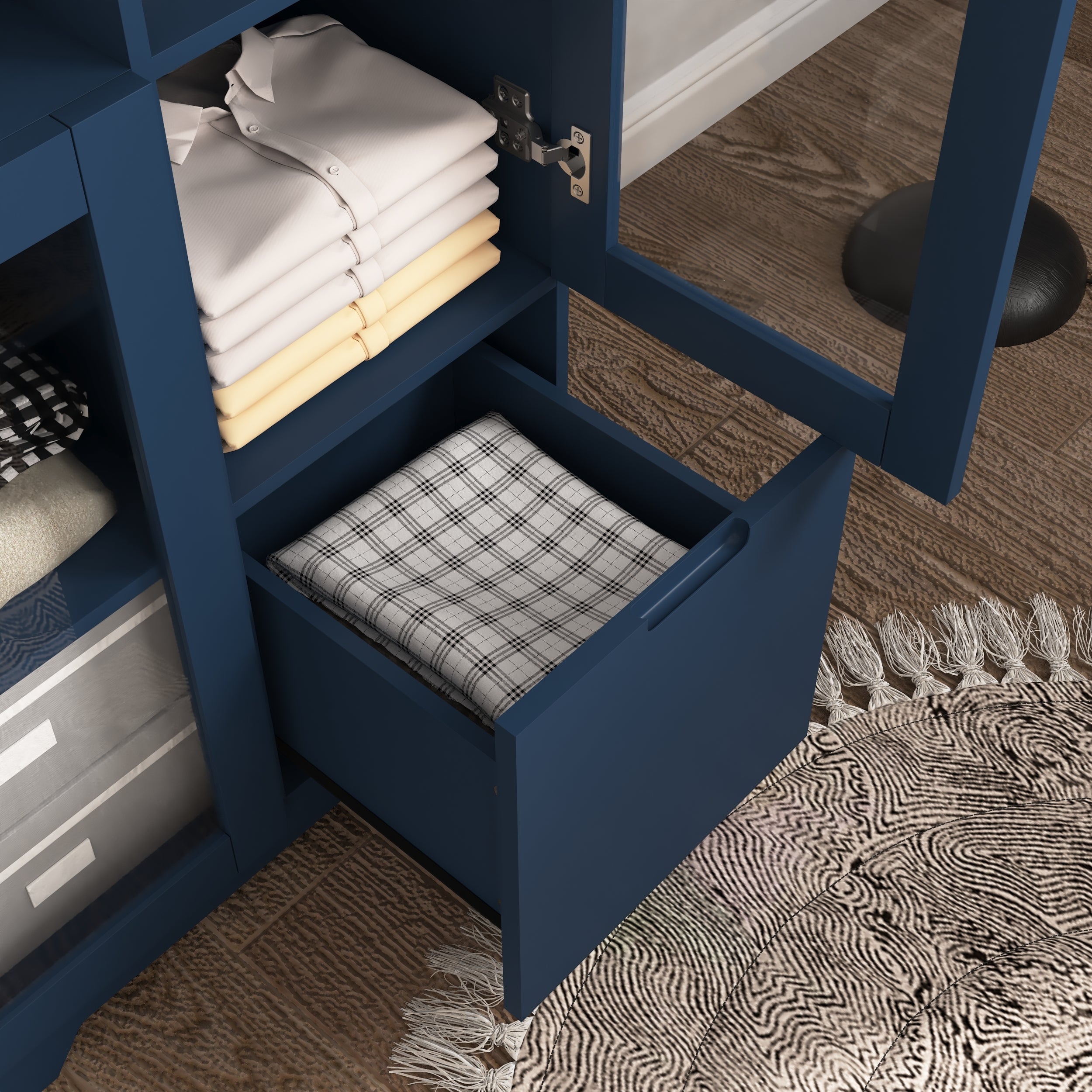 Navy Blue MDF Painted Cabinet with Glass Doors, Drawer, and Open Storage Space for Bedroom and Living Room - Grand Goldman Shop