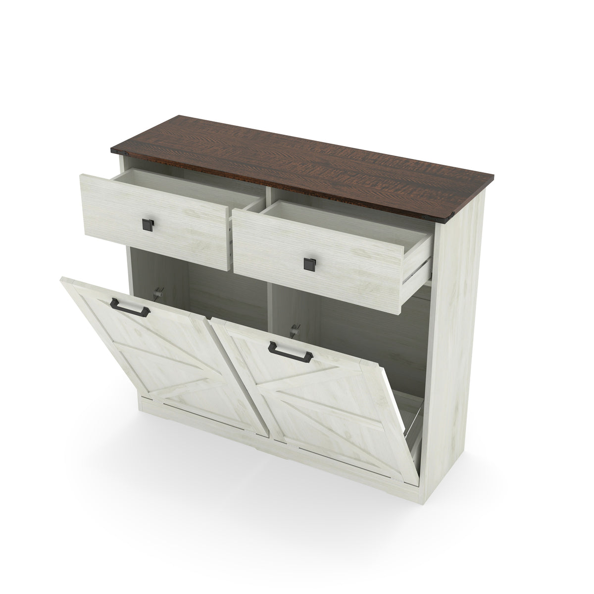 Farmhouse Barn Door Style Double Tilt Out Trash Cabinet for 20 Gallon Cans with Free Standing Recycling and Laundry Storage, Antique White & Brown Woodgrain - Grand Goldman Shop