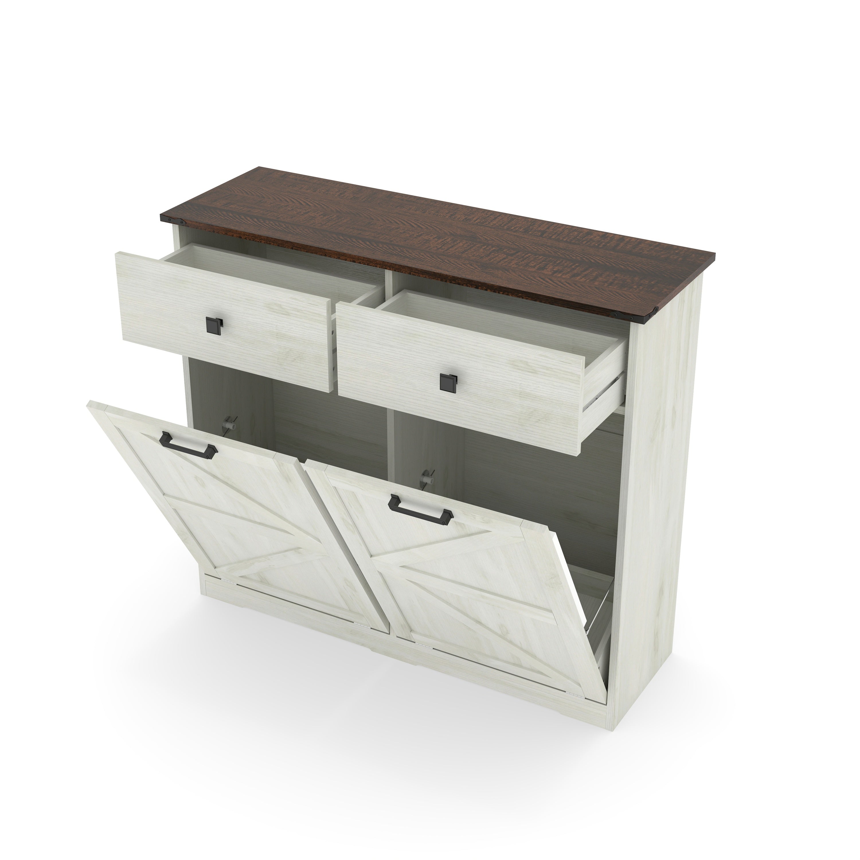 Farmhouse Barn Door Style Double Tilt Out Trash Cabinet for 20 Gallon Cans with Free Standing Recycling and Laundry Storage, Antique White & Brown Woodgrain - Grand Goldman Shop