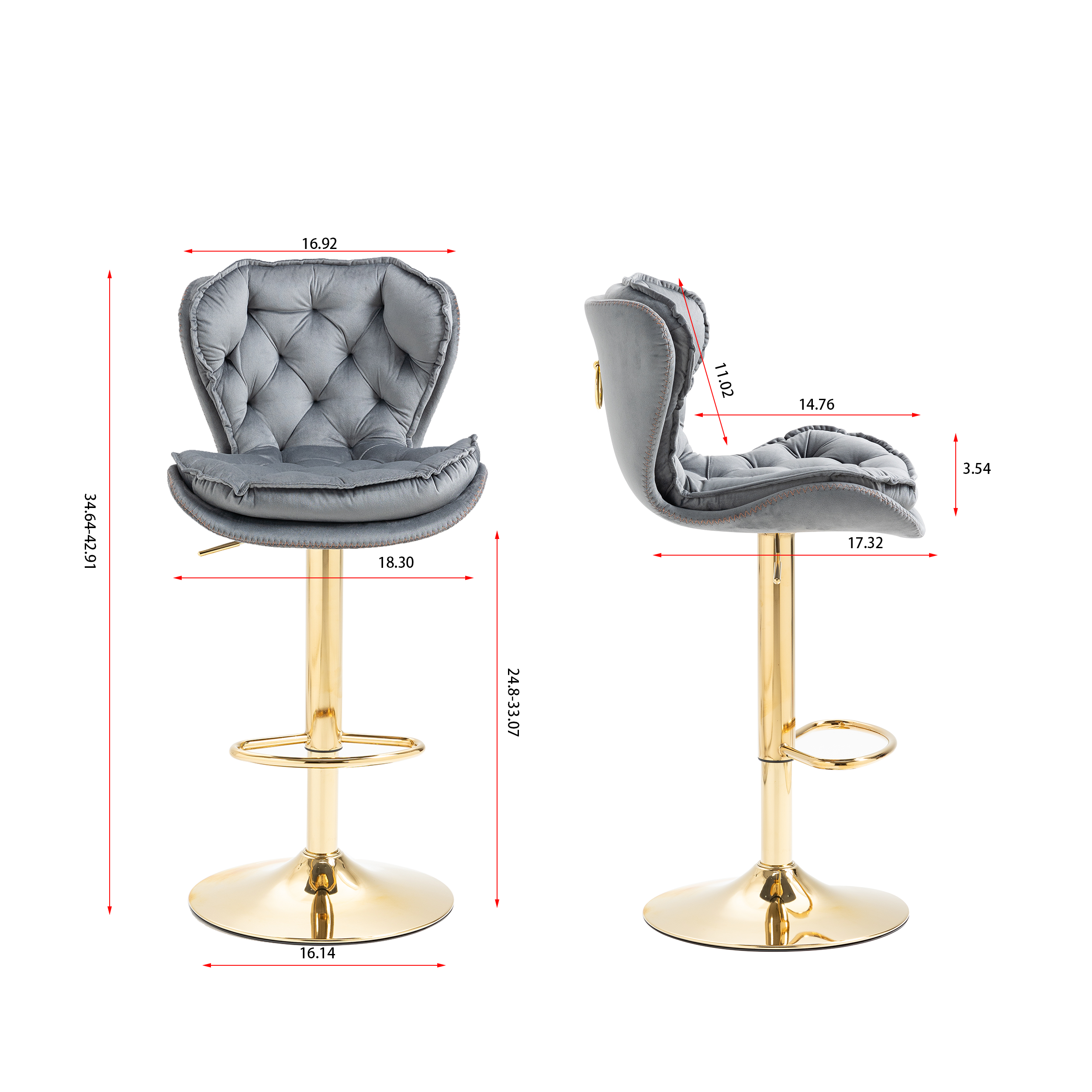 Set of 2  Bar Stools,with Chrome Footrest and Base Swivel Height Adjustable Mechanical Lifting Velvet + Golden Leg Simple Bar Stool-gray - Grand Goldman Shop