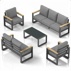 Ganzwetter-Gartenmöbelset aus Aluminium in Grau mit 25 cm dicken Polstern und gehärtetem Glastisch, 5-teiliges 7-Sitzer Gesprächssofa