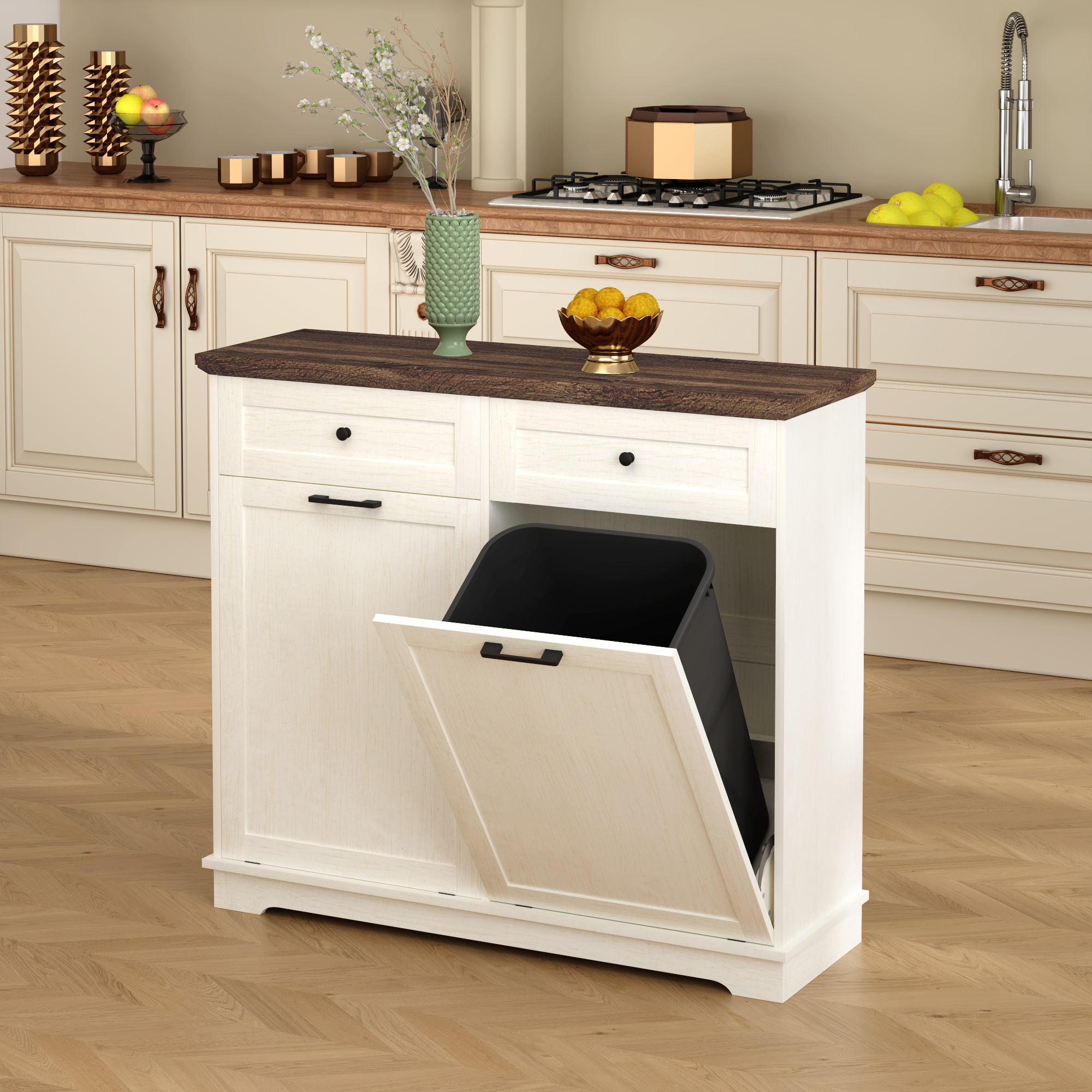 20 Gallon Tilt Out Trash Cabinet Freestanding Trash Bin Cabinet Wood Garbage Recycling Cabinet with Drawer Pet Proof Trash Can Holder for Kitchen Living Room, Antique White (Not include trash can) - Grand Goldman Shop