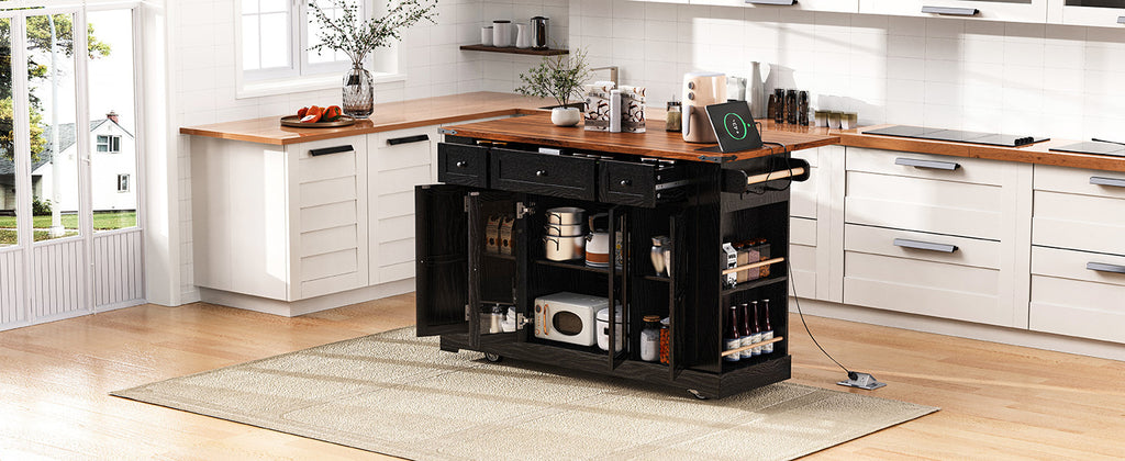 K&K 53'' Farmhouse Kitchen Island with Two Tempered Glass Cabinet Doors, Power Outlet, Rolling Kitchen Cart on Wheels with Drop Leaf, 5 Open Side Racks, 3 Drawers, for Kitchen, Dining Room, Black - Grand Goldman Shop