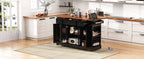 K&K 53'' Farmhouse Kitchen Island with Two Tempered Glass Cabinet Doors, Power Outlet, Rolling Kitchen Cart on Wheels with Drop Leaf, 5 Open Side Racks, 3 Drawers, for Kitchen, Dining Room, Black - Grand Goldman Shop