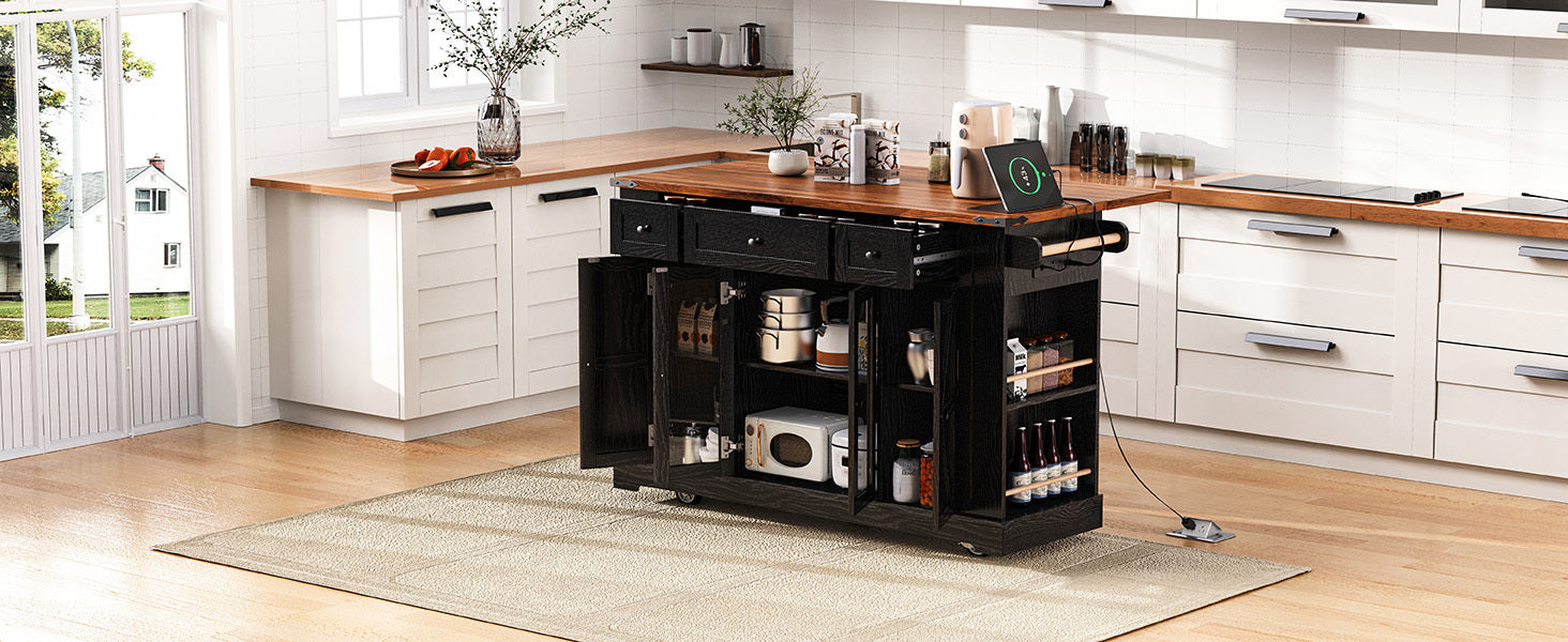 K&K 53'' Farmhouse Kitchen Island with Two Tempered Glass Cabinet Doors, Power Outlet, Rolling Kitchen Cart on Wheels with Drop Leaf, 5 Open Side Racks, 3 Drawers, for Kitchen, Dining Room, Black - Grand Goldman Shop