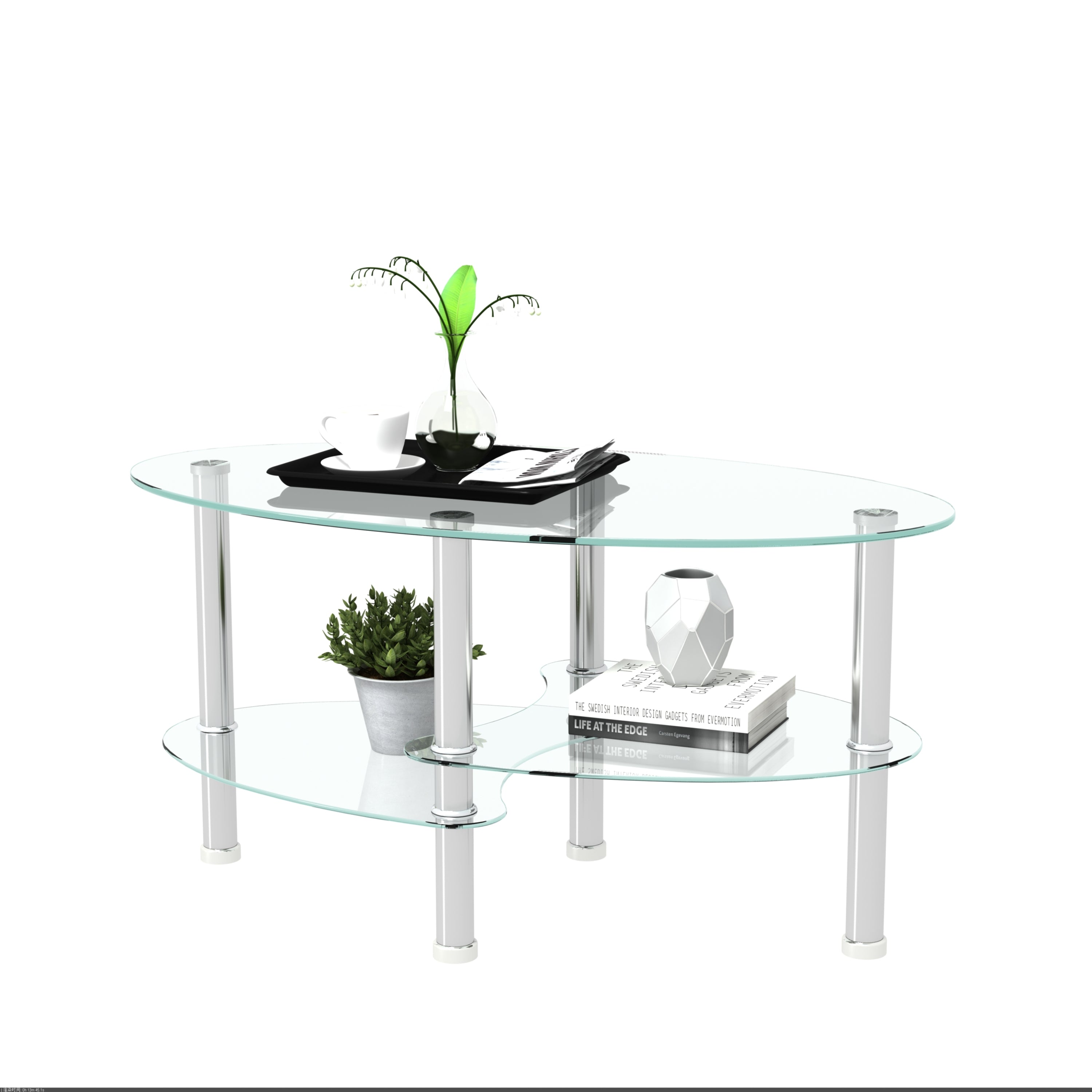 Modern Transparent Oval Glass Coffee Table with Stainless Steel Legs and 3-Layer Design for Living Room - Grand Goldman Shop