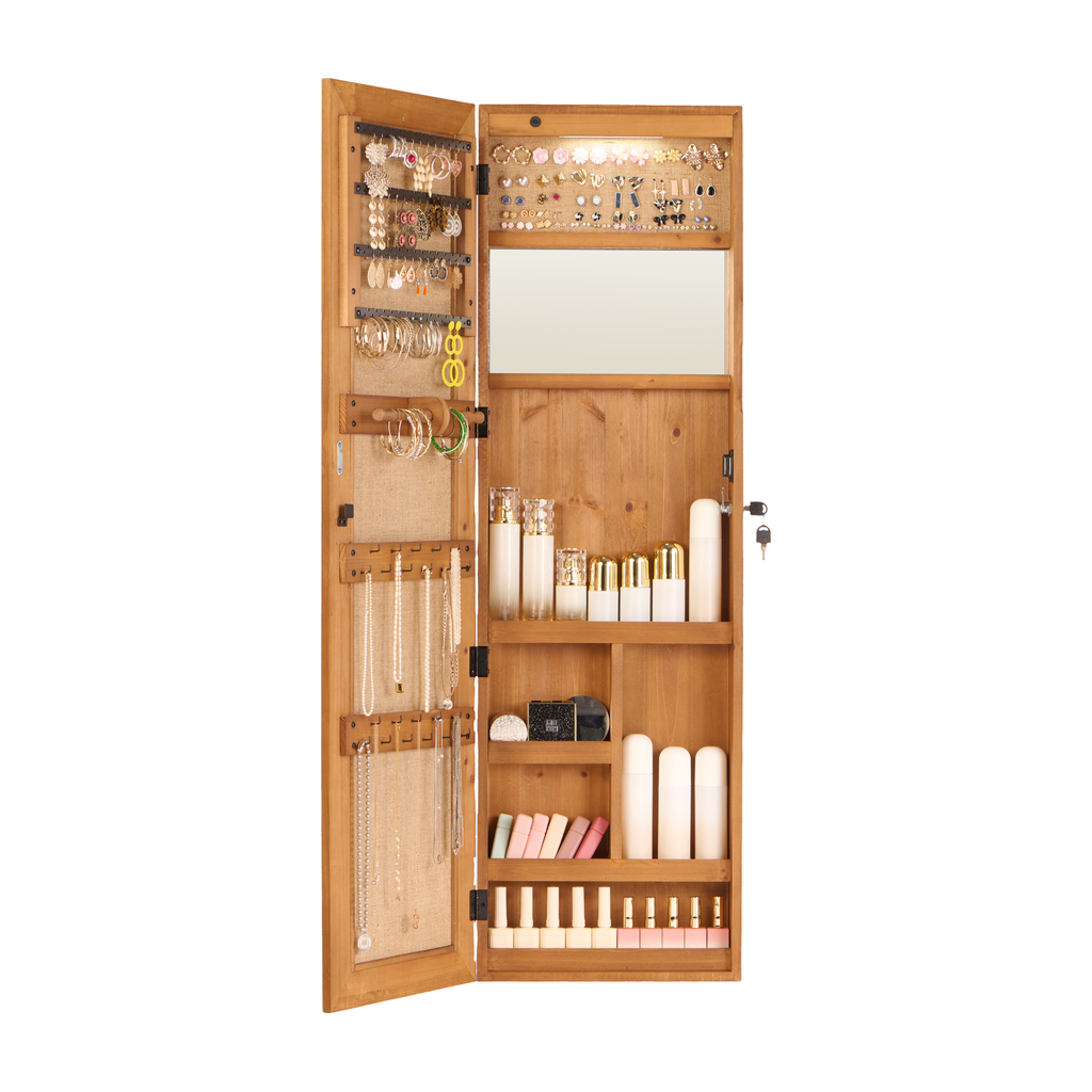 Solid Wood Jewelry Armoire Organizer Cabinet with Full-Length Mirror, Light Brown, 47.5x14.3 in Wall-Mounted Lockable with LED Light - Grand Goldman Shop