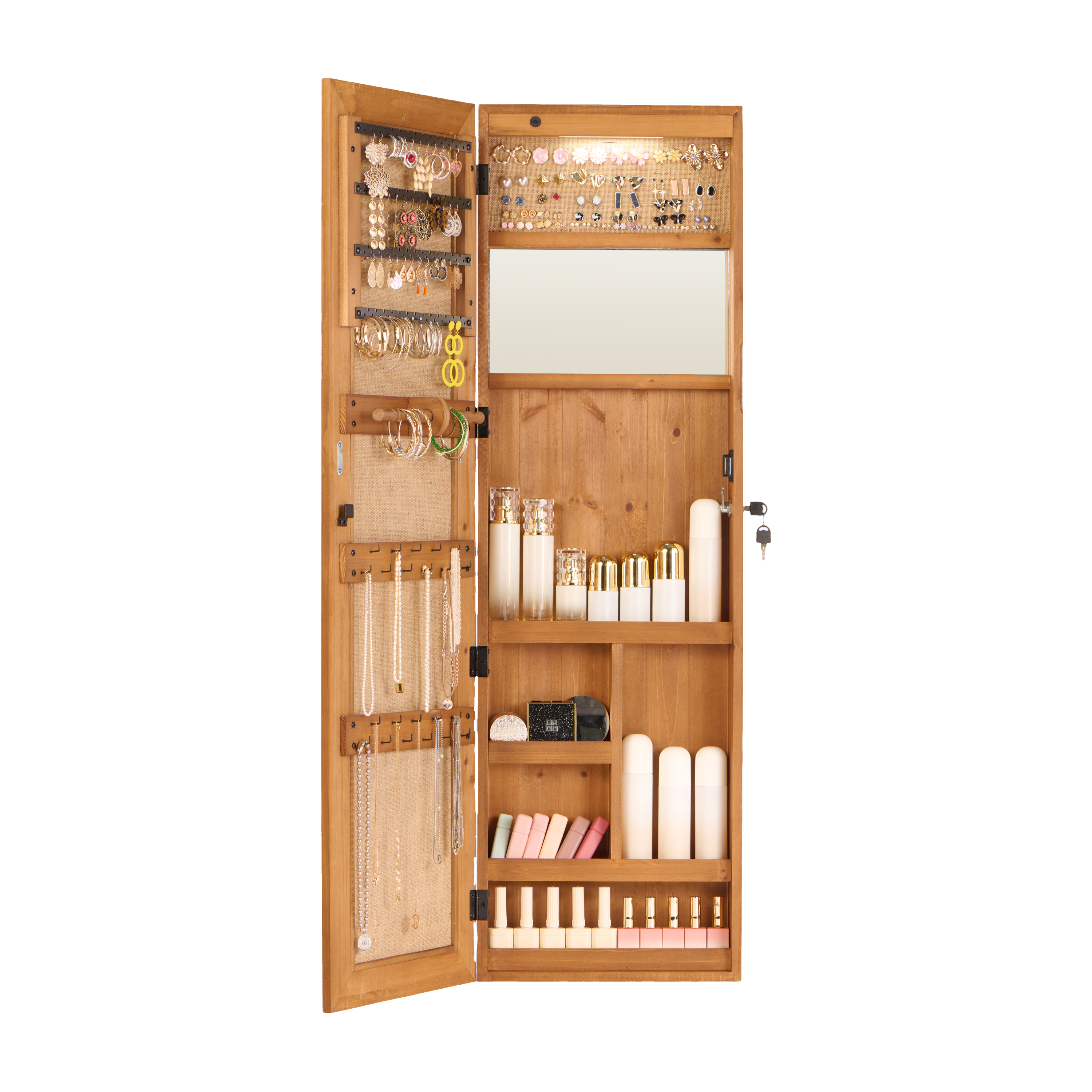 Solid Wood Jewelry Armoire Organizer Cabinet with Full-Length Mirror, Light Brown, 47.5x14.3 in Wall-Mounted Lockable with LED Light - Grand Goldman Shop