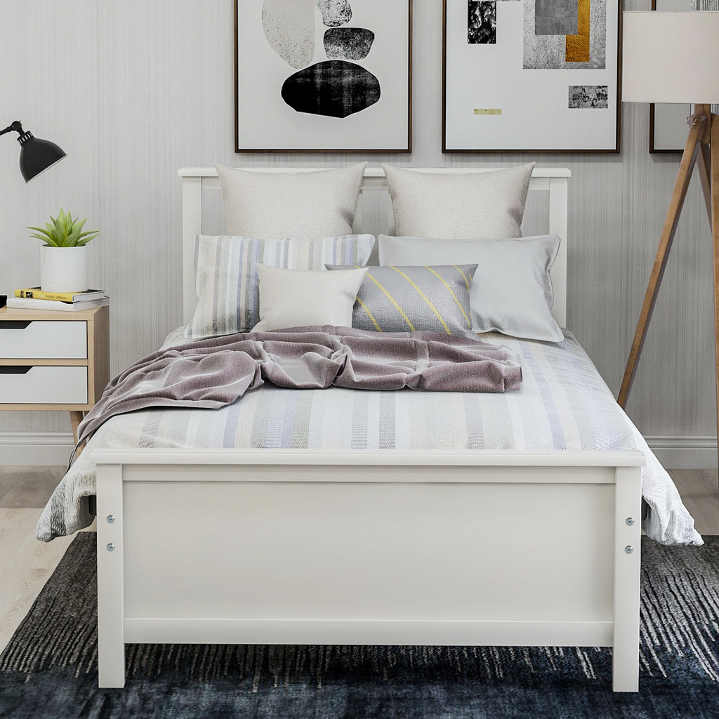 Twin Size Wood Platform Bed with Headboard, Footboard, Wood Slat Support, White Finish - Grand Goldman Shop