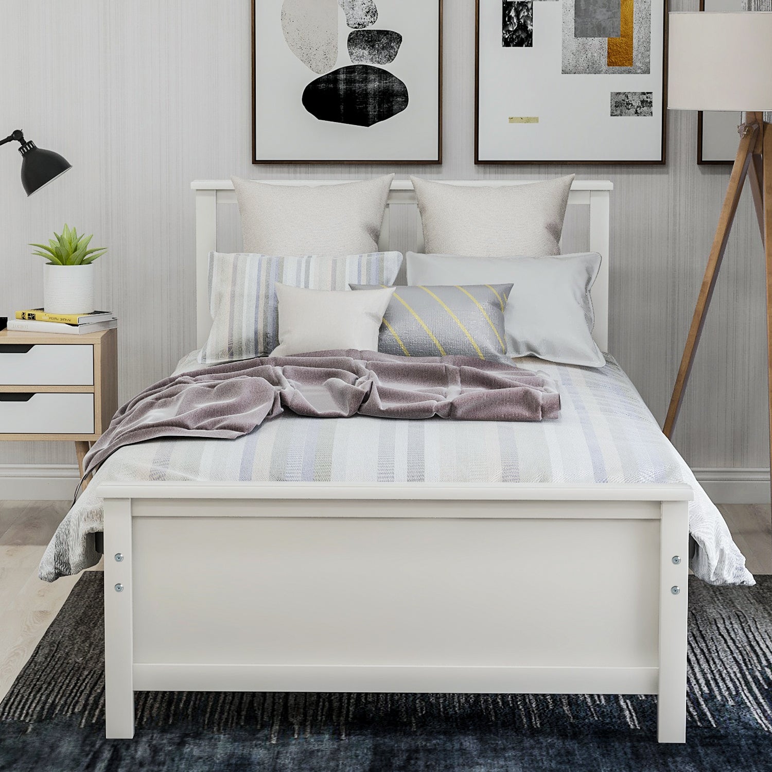 Twin Size Wood Platform Bed with Headboard, Footboard, Wood Slat Support, White Finish - Grand Goldman Shop
