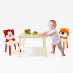 Kids Table and 2 Chairs Set, Wooden Activity Play Table Set with Bear & Tiger Design in White & Orange, Solid Wood and MDF Co
