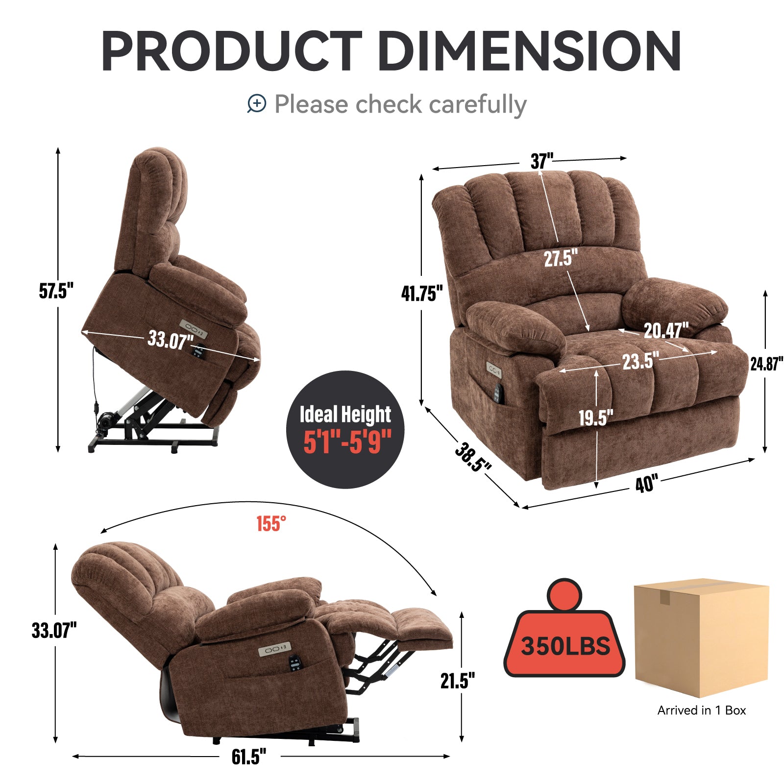 23' Seat Width and High Back Large Size Chenille Power Lift Recliner Chair with 8-Point Vibration Massage and Lumbar Heating, Brown - Grand Goldman Shop