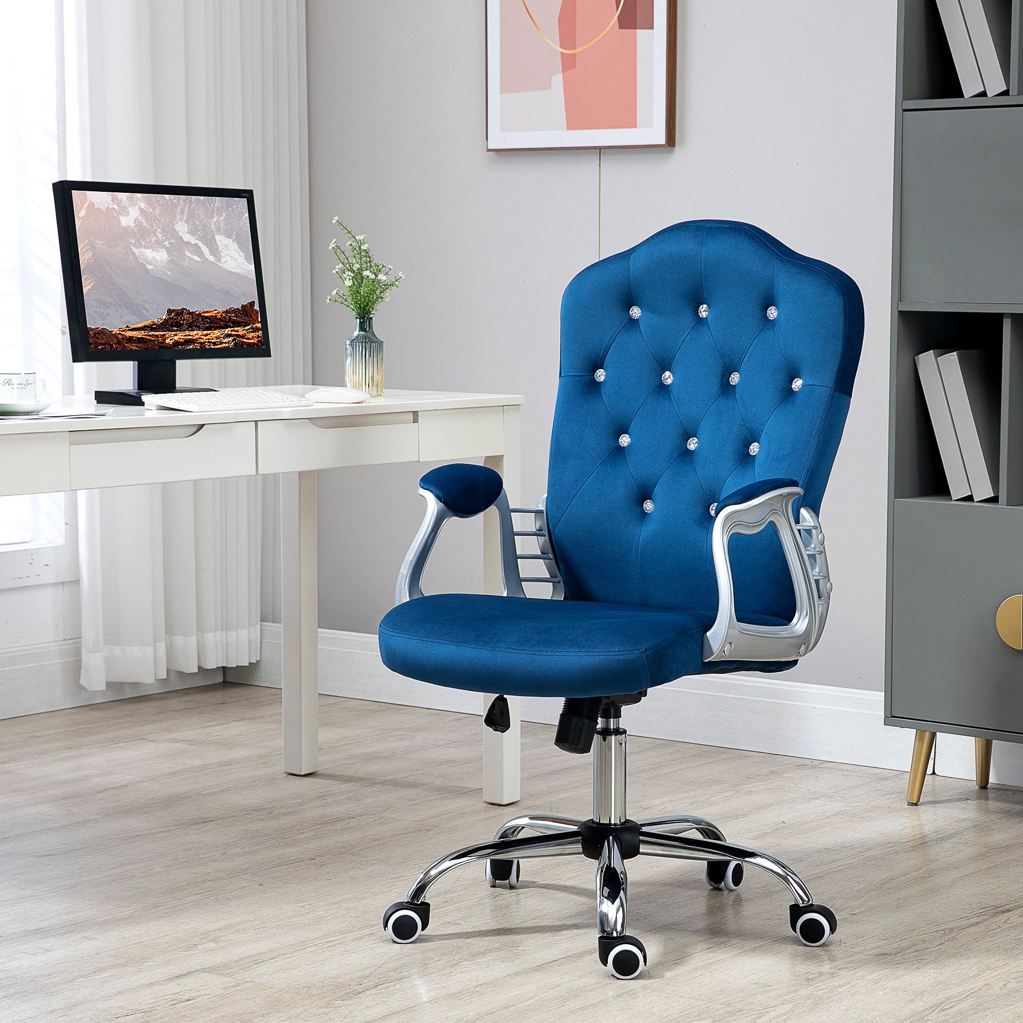 Vinsetto Home Office Chair, Velvet Computer Chair, Button Tufted Desk Chair with Swivel Wheels, Adjustable Height, and Tilt F