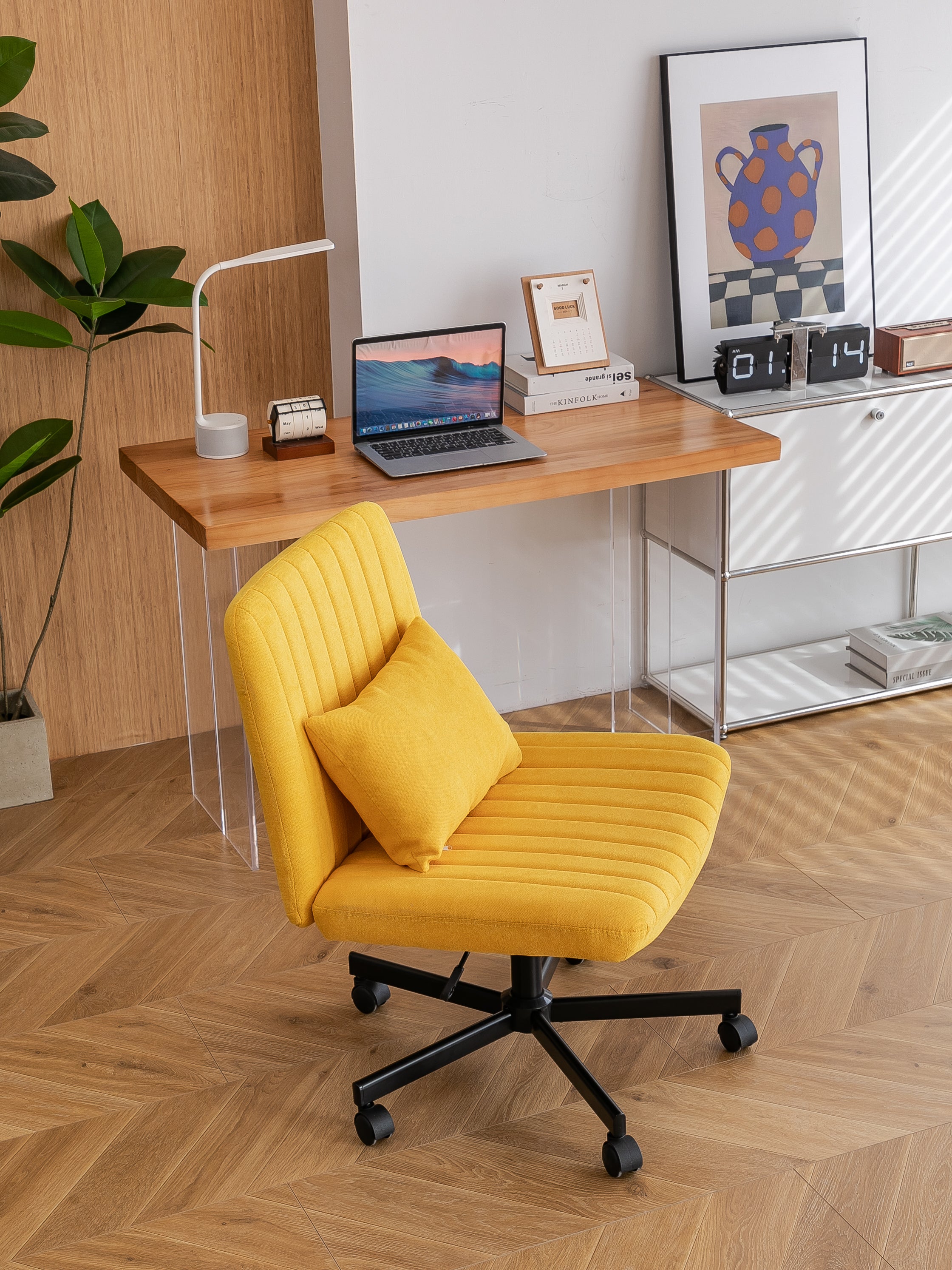Yellow Linen Criss Cross Armless Office Chair with Wheels - Modern Comfort for Home Office, Meditation & Makeup Spaces - Gran