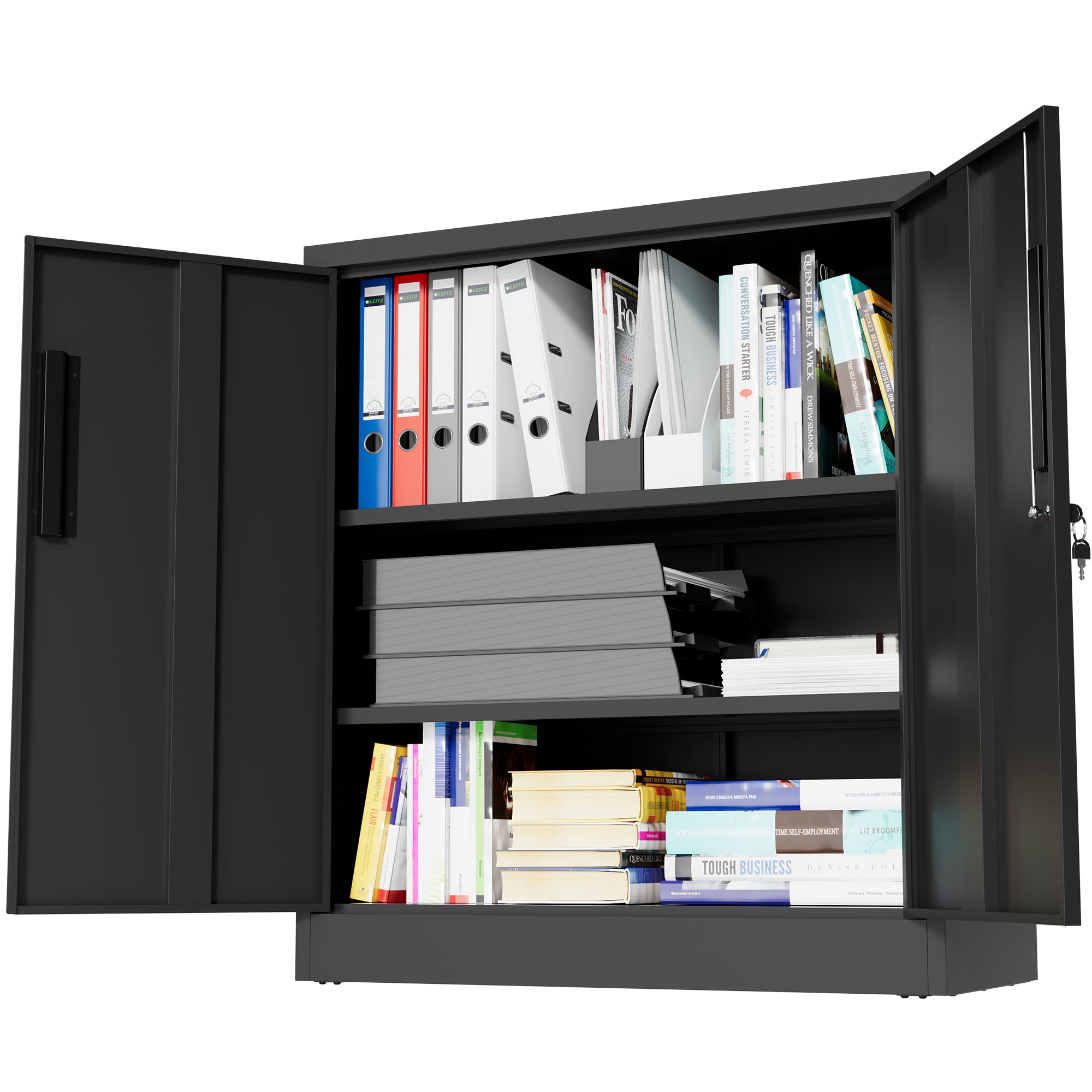 Black Heavy Duty Metal Storage Cabinet with Lock, 2-Door File Cabinet with 2 Adjustable Shelves for Home, Office, Garage (35.