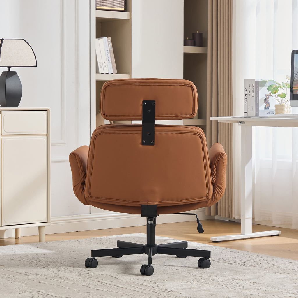 Criss Cross Chair with Adjustable Armrests & Wheels & Headrest, PU Lounge Vanity Desk Chair with Wide Seat for Cross-Legged S