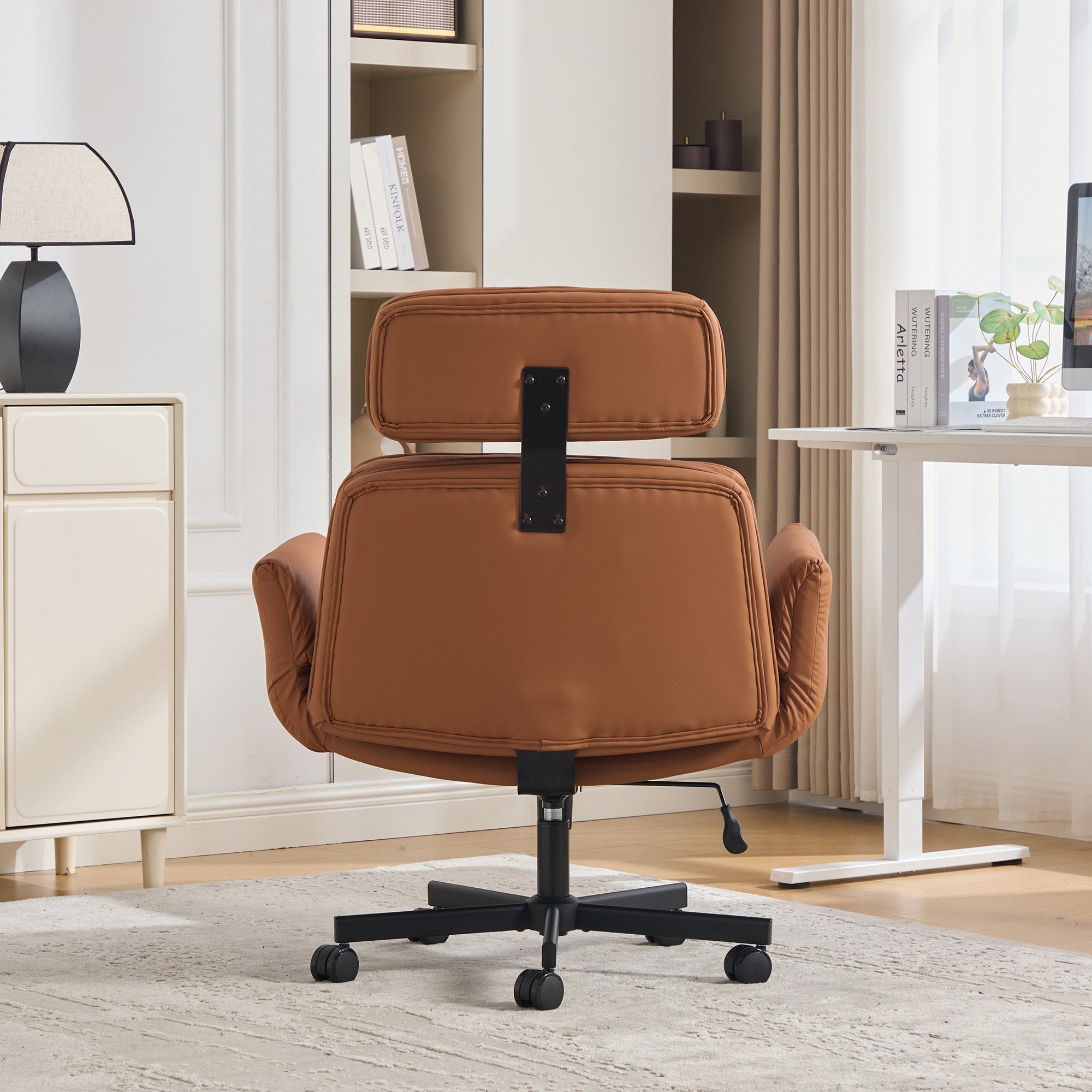 Criss Cross Chair with Adjustable Armrests & Wheels & Headrest, PU Lounge Vanity Desk Chair with Wide Seat for Cross-Legged S