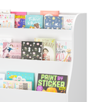 Kids Bookshelf with 3 Fabric Storage Bins, White Wooden Book Display Organizer for Toddlers and Children, Front-Facing Book R