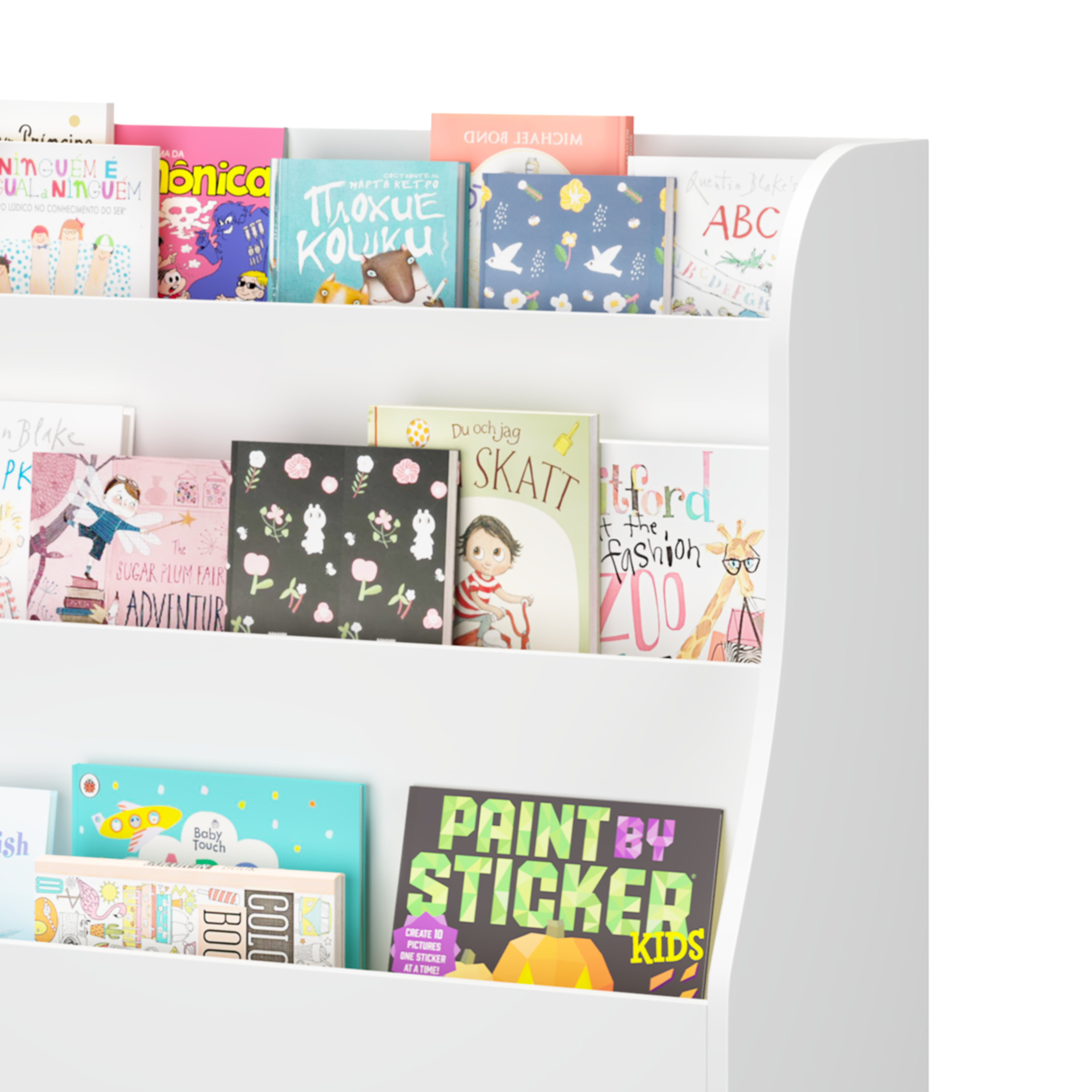 Kids Bookshelf with 3 Fabric Storage Bins, White Wooden Book Display Organizer for Toddlers and Children, Front-Facing Book R