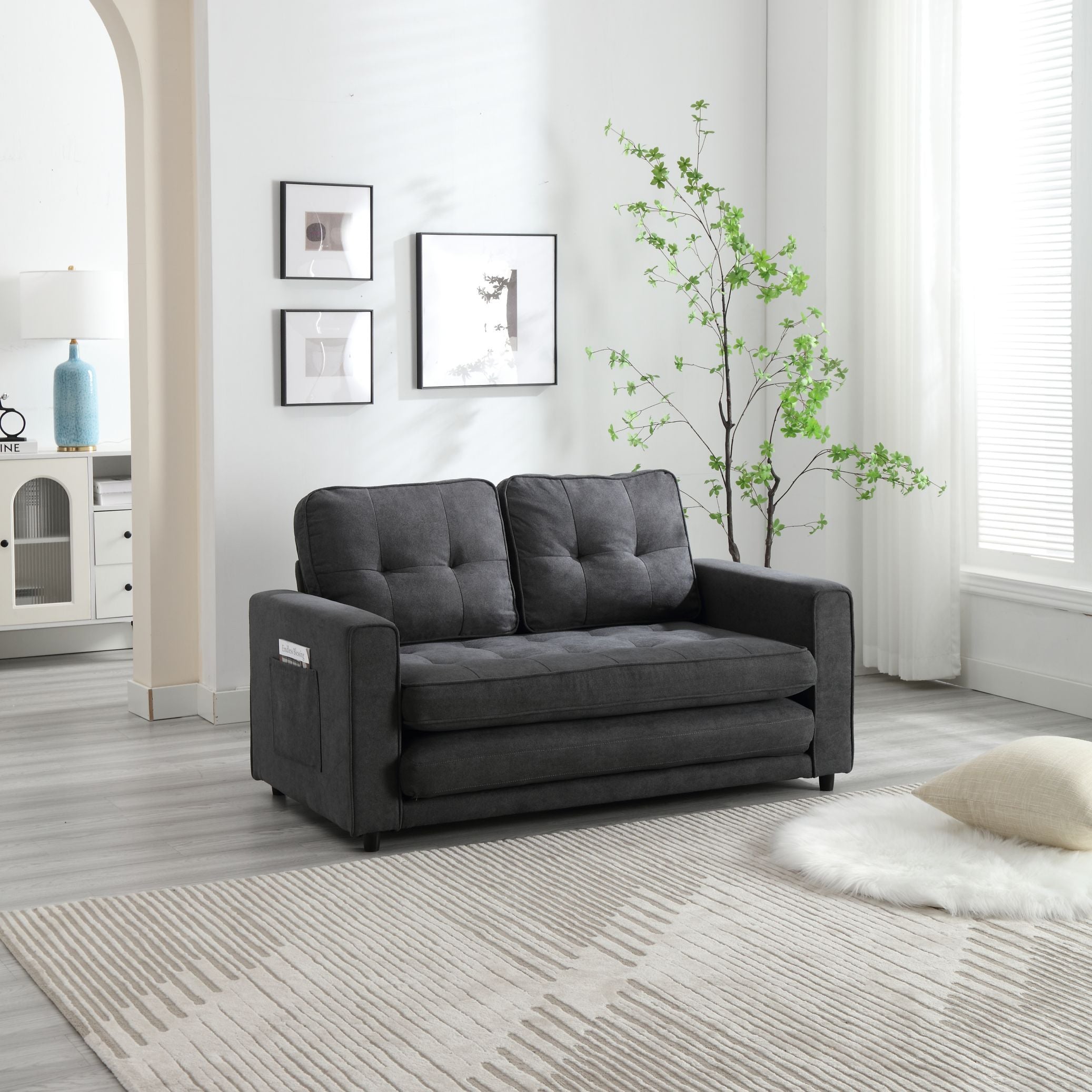 3 Fold Sofa,Convertible Futon Couch sleeper sofabed,Space saving loveseat,Pull Out Couch Bed for Living Room,Dark Gray & Light Gray & Beige,Velvet linen fabric - Grand Goldman Shop