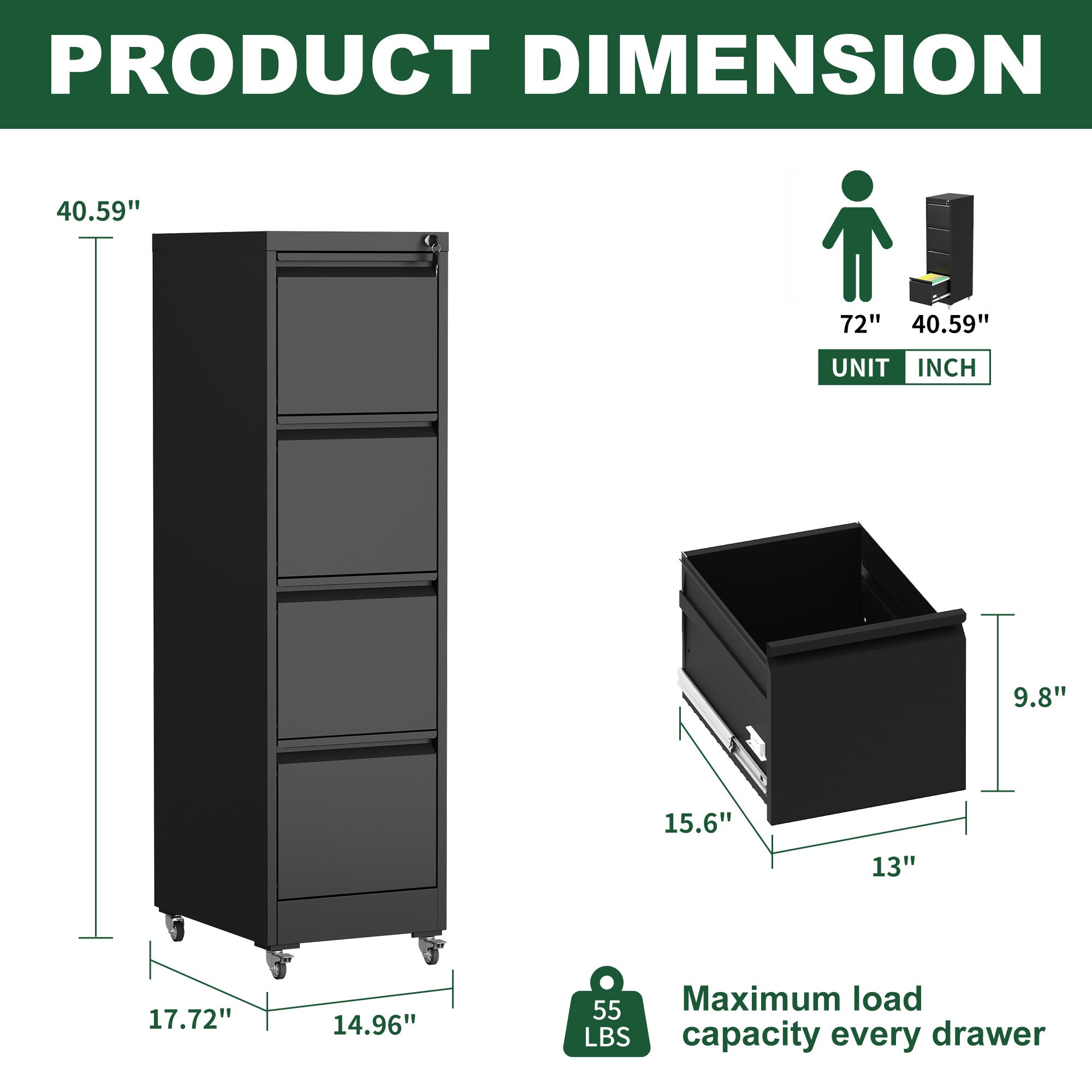 Black Heavy-Duty Metal 4 Drawer Locking Vertical File Cabinet with Wheels for Home & Office, 17.71'D x 15.16'W x 52.28'H | Pr