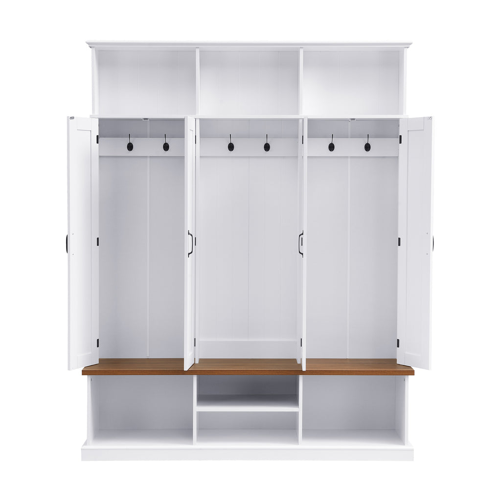 62.2''W Entryway Hall Tree with Bench, 3 Top Cubbies & Bottom Storage Space, Farmhouse Coat Rack with Hooks & Cabinets for Entryway, Hallway, Mudroom, Living Room - Grand Goldman Shop