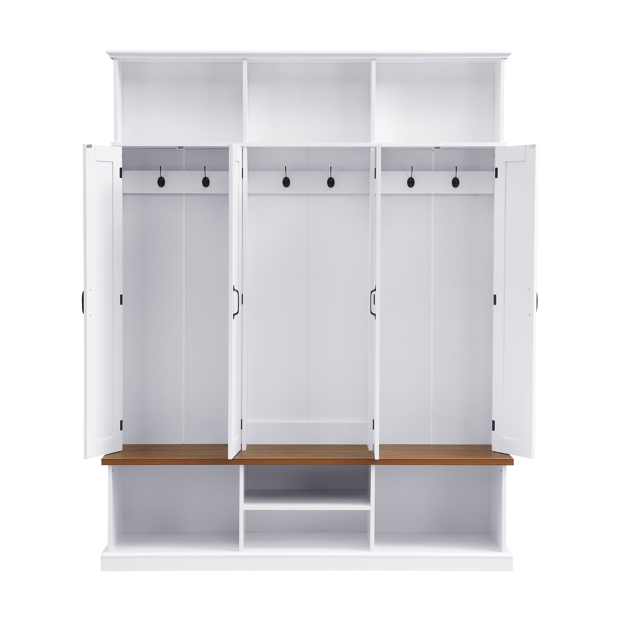 62.2''W Entryway Hall Tree with Bench, 3 Top Cubbies & Bottom Storage Space, Farmhouse Coat Rack with Hooks & Cabinets for Entryway, Hallway, Mudroom, Living Room - Grand Goldman Shop